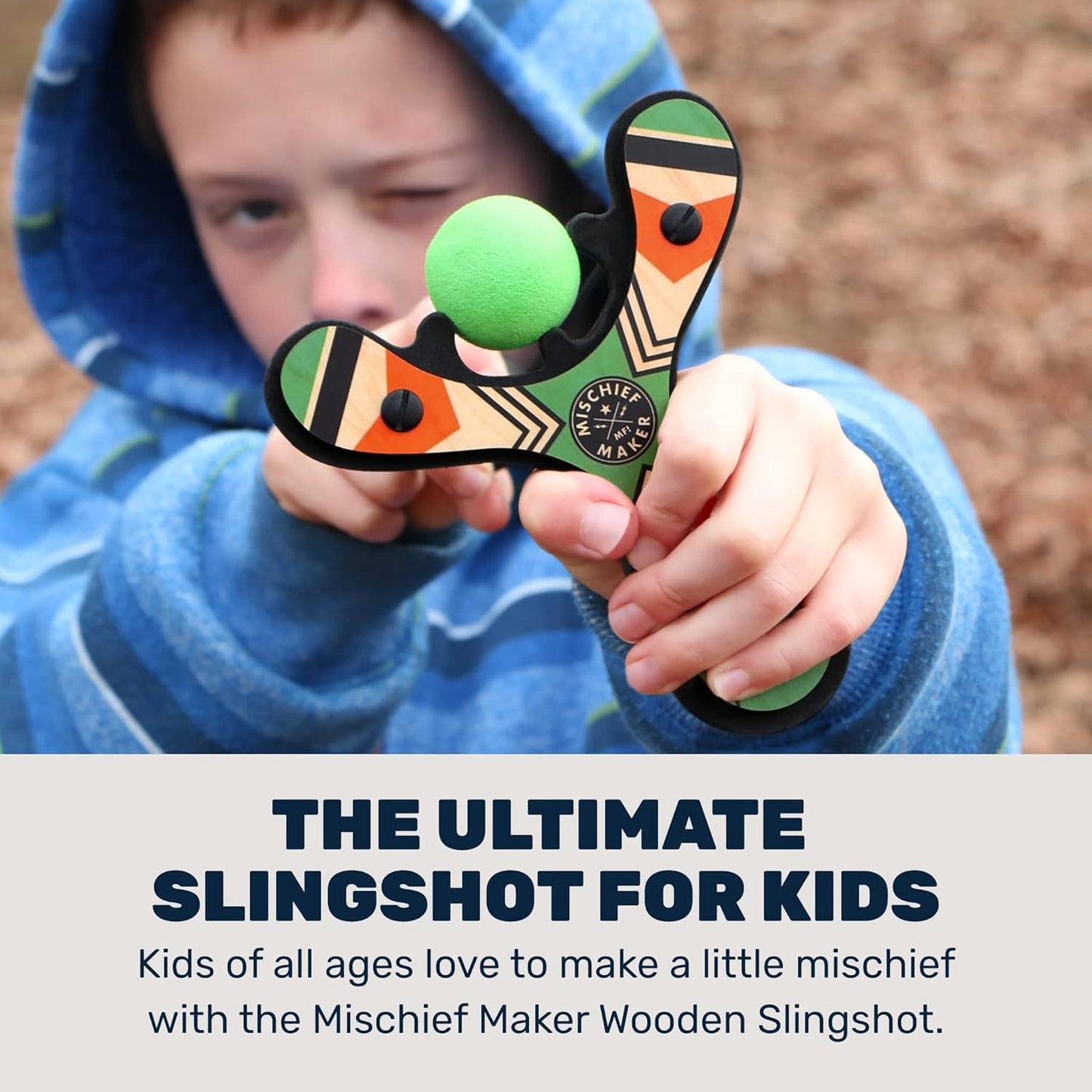 Mighty Fun! - Mischief Maker® Wooden Slingshot - Classic Series - Real Wood Slingshot for Kids, 4 Soft Foam Balls and Storage Bag - Ages 4+ (Green)