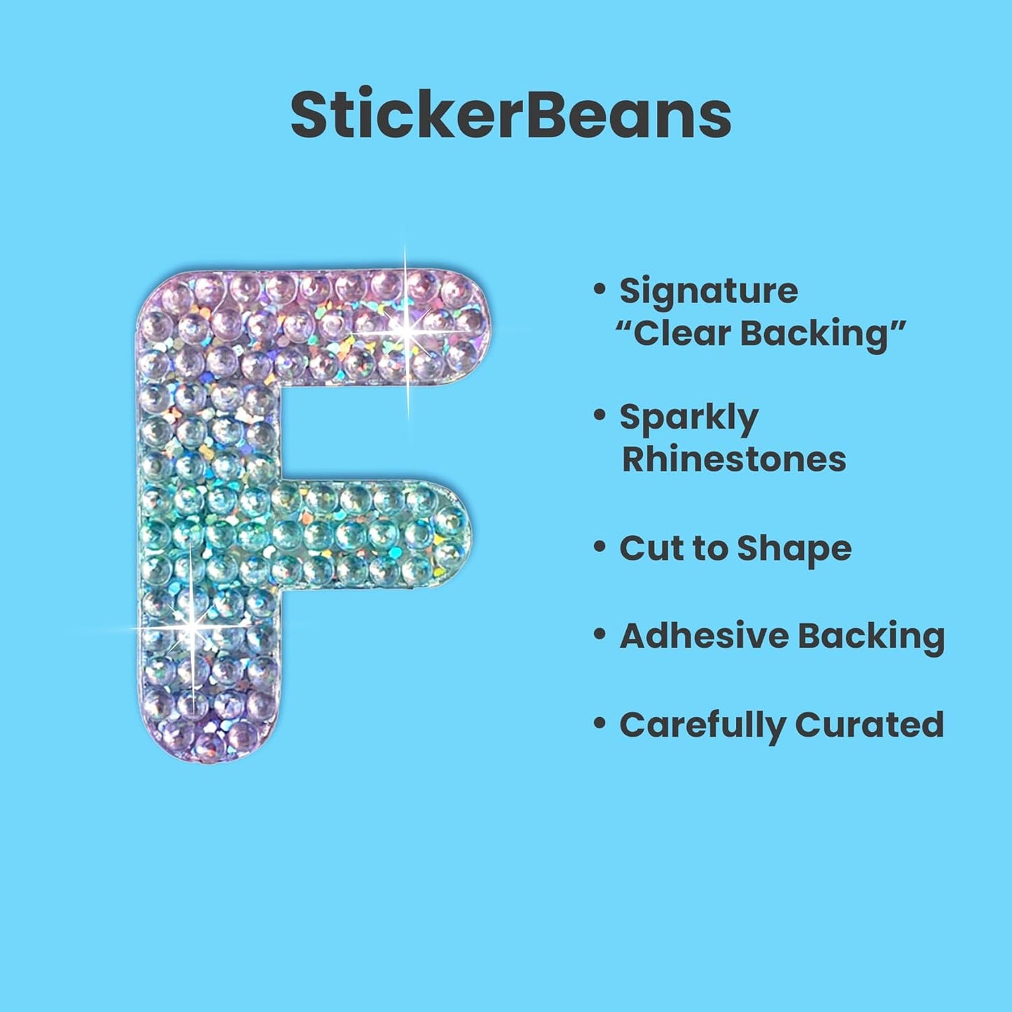 StickerBeans® Rhinestone Alphabet Letter Sticker F - Unique Sparkly Design 2” x 2” Cut-to-Shape Adhesive - Personalization, Collecting, Gifting, Scrapbooking, Decorating Laptops, Phone Cases, All Ages
