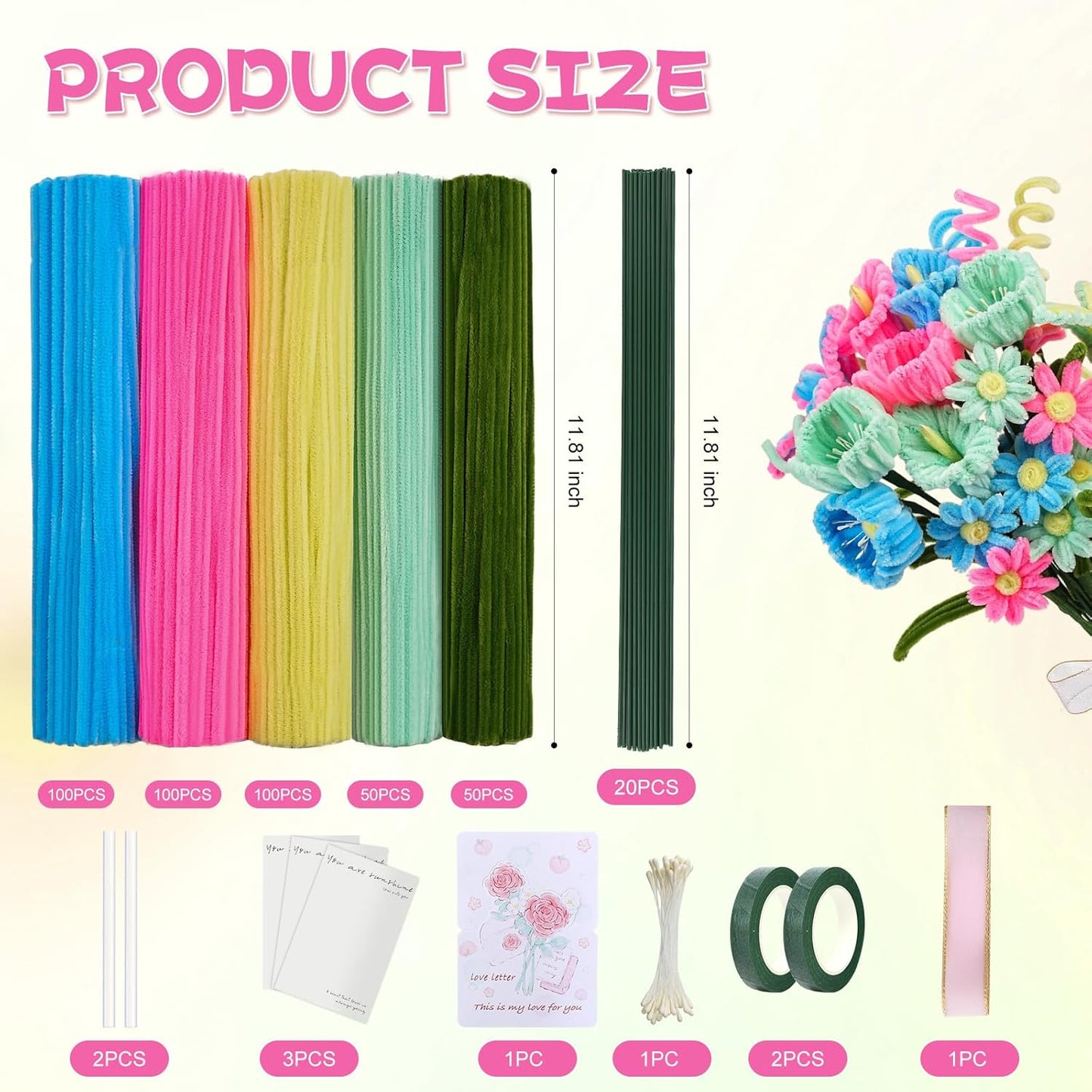 5 Mixed Macaron Colors Chenille Stems Bulk,400 Pcs Pipe Cleaners Craft with Floral Wires, Gardening Tape,Greeting Card,Bouquet Paper,Hot Glue Stick,Stamen & Ribbon,Ideals for DIY School Projects