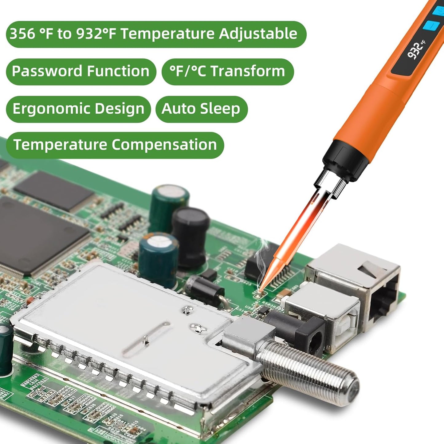 Soldering Iron Kit, 190W Soldering Gun, 110V LED Solder Kit for Electronics, Adjustable Temperature 356-932℉, Includes Solder Wire, Sucker, Tips, Stand, Tweezers, Paste and Solid Wood Box, Orange