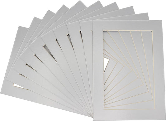 Pack of Ten Acid Free 8x10 Mats Bevel Cut for 5x8 Photos - Metallic Silver Precut Matboards With Backing Boards and Self Seal Photo Mat Bags For Pictures, Photos, Framing - 4-ply Thickness