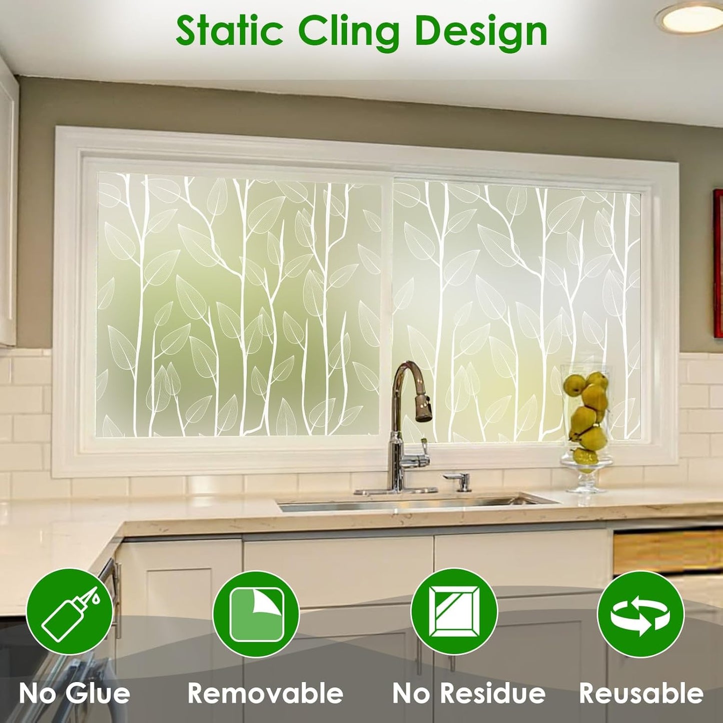 DKTIE Nordic Leaves Window Privacy Film Decorative Stained Glass Sun Blocking Heat Control with Free Installation Tools, Privacy Window Film Day and Night (White, 17.7'' x 118.1'')