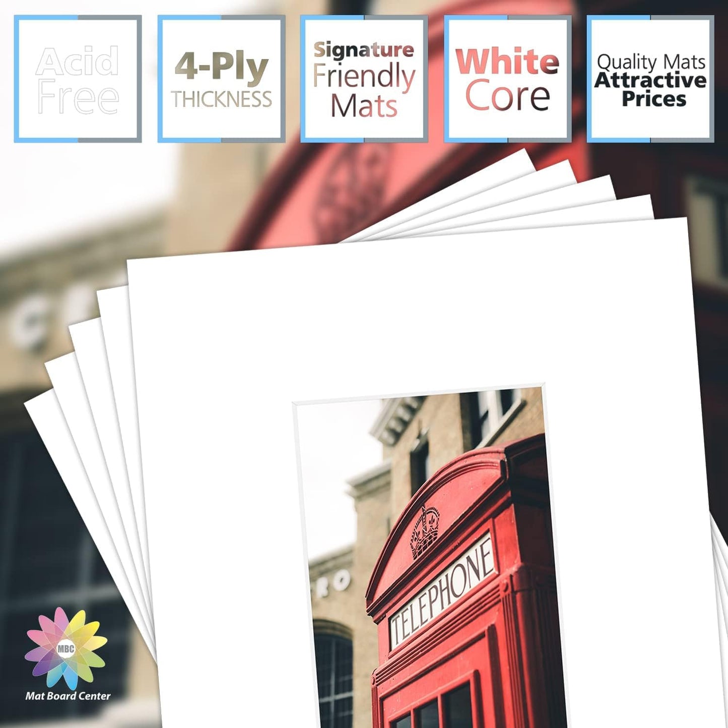MBC Mat Board Center, Pack of 5, 8x10 for 4x6 White Photo Picture Mats - Acid Free, 4-ply Thickness, White Core - for Pictures, Photos, Framing
