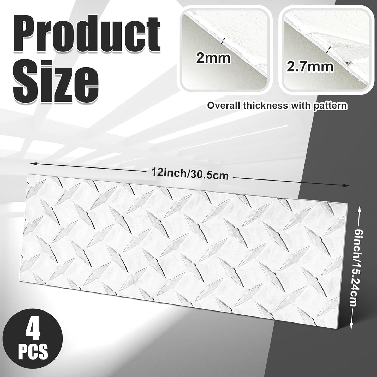 4pcs Diamond Plate Sheet Metal Heavy Duty Tread Aluminum Sheet Diamond Tread Plate for Wall Covering, Cargo Trailer, RV and More (6'' X 12'' X 0.08'',Silver)