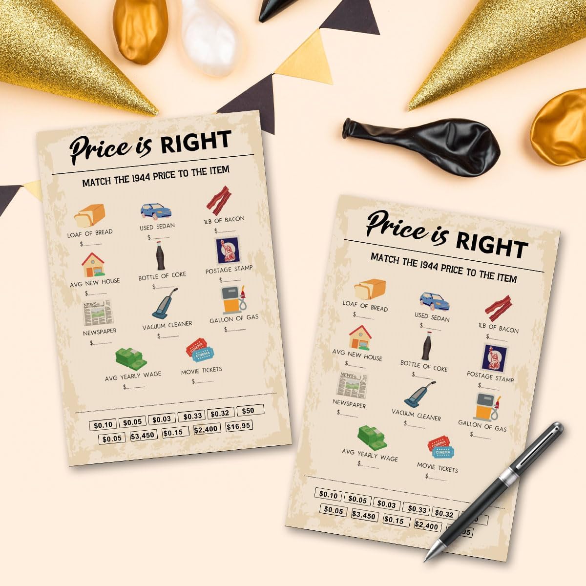 QUPT 80th Birthday Party Games, Price is Right Games, Birthday Party Supplies for Adults, Fun 1943s Party Game，Pack of 30 Cards