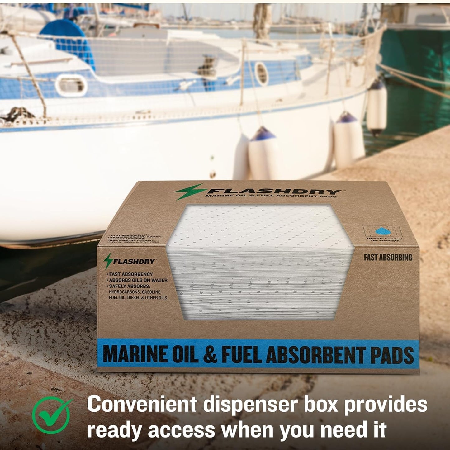 FLASHDRY Marine Oil & Fuel Spill Absorbent Pads - 17.5” x 13.5”, Water Repellent, Effective Spill Control, Marine Protection, High-Performance, Eco-Friendly, Tear Resistant (2)