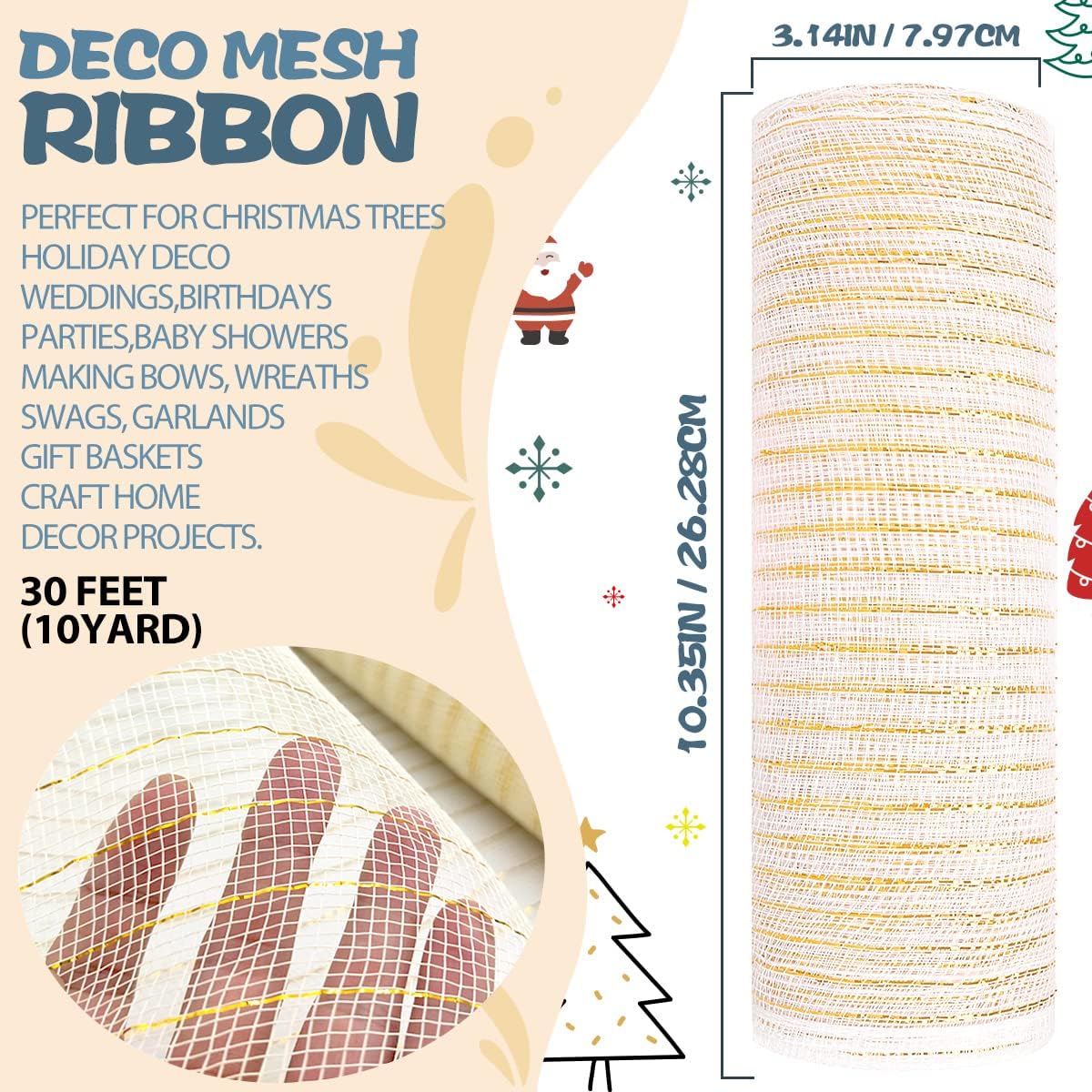 Anivia Deco Mesh Ribbon, 10inch x 30 Feet Each Roll Metallic Foil Mesh Ribbon for Wreaths Swags, Holloween, and Christmas Tree Decoration (Ivory/Gold Foil)
