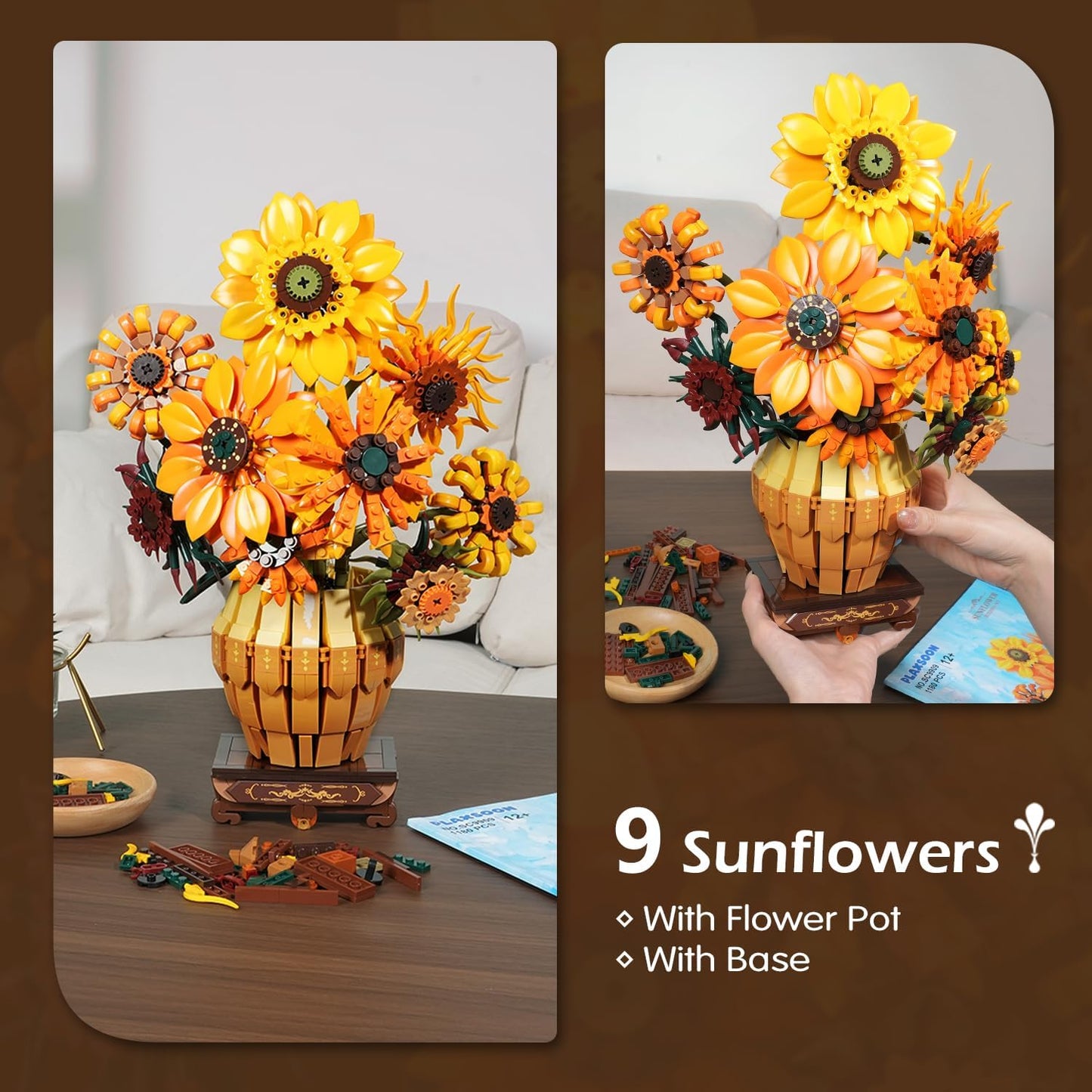 Sunflower Building Set with Lights Vase Base, Flowers Botanical Collection Building Block Home Decor, 1180PCS Art Flower Bouquet Bonsai Plant Building Kit Gift for Adults Teens Girls Boys 12+