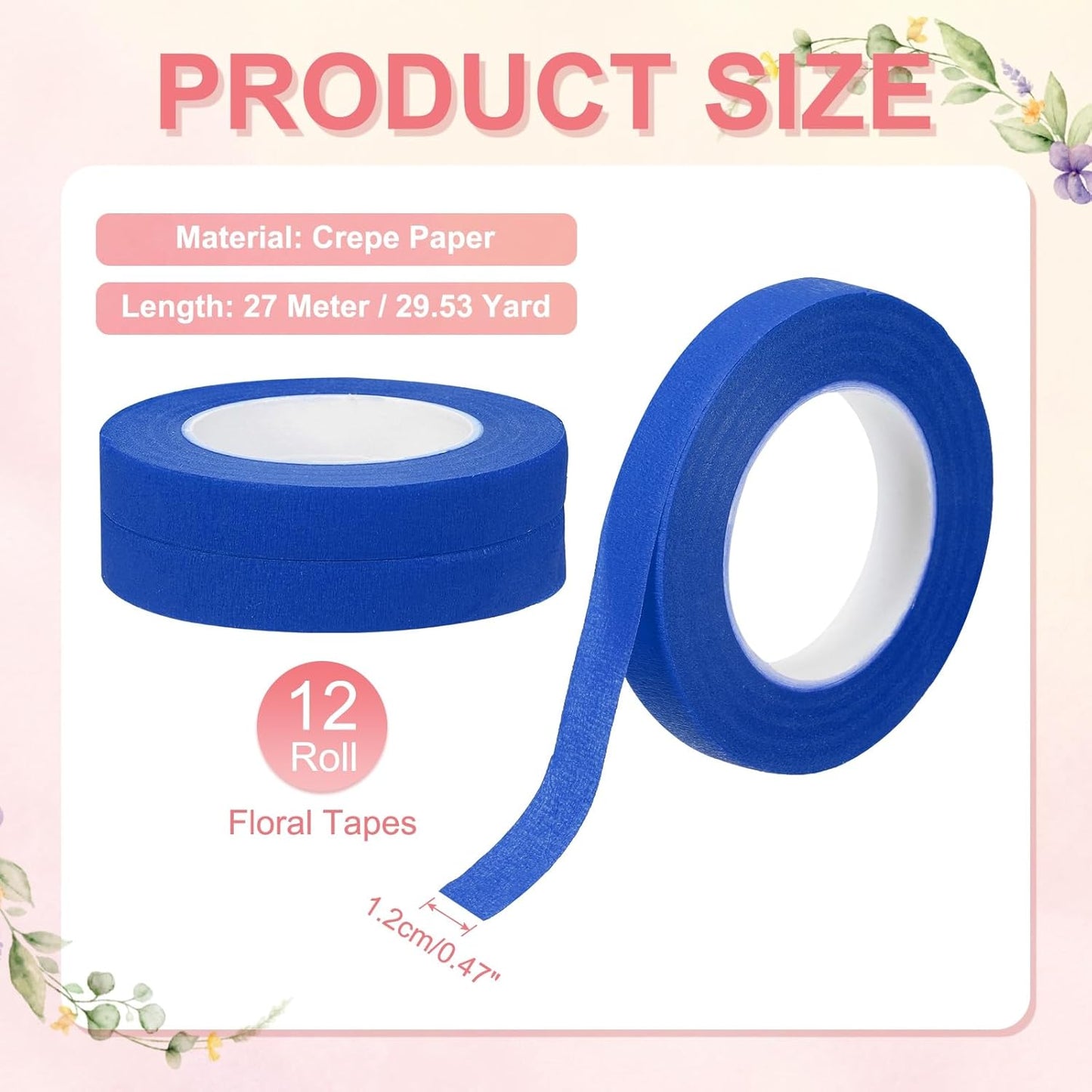 MECCANIXITY 12 Rolls Floral Tapes, 30 Yard x 1/16 in Florist Crepe Flowers Bouquets Tape Adhesive Waterproof for Flower Arranging Wrapping, Blue