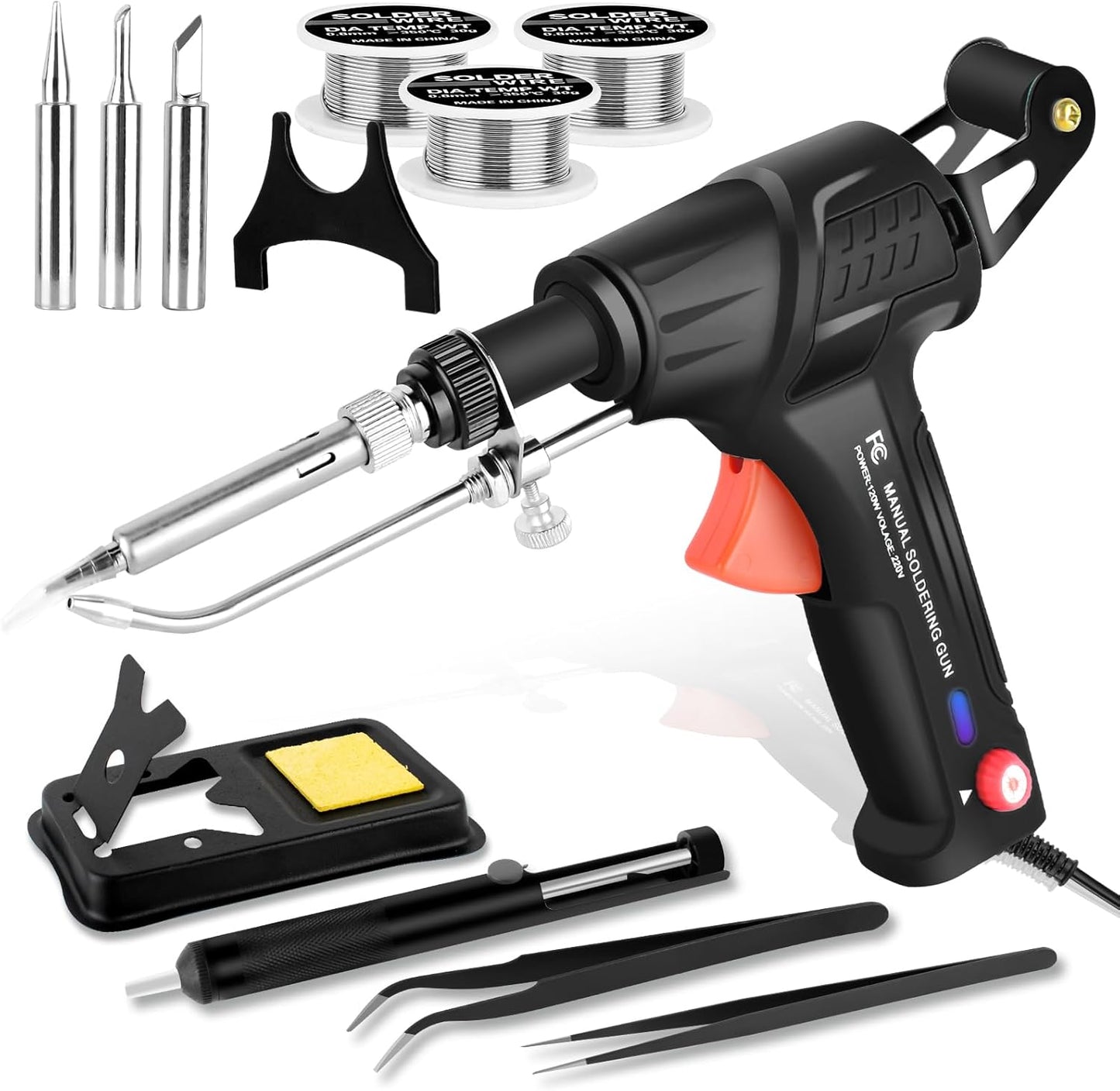 Upgrade 120W Soldering Iron Kit with Ceramic Heater, Automatic Soldering Gun Kit Includes 3 Solder Wire, 3 Interchangeable Tips, 2 Tweezers, Desoldering Pump, Basic Stand with Sponge