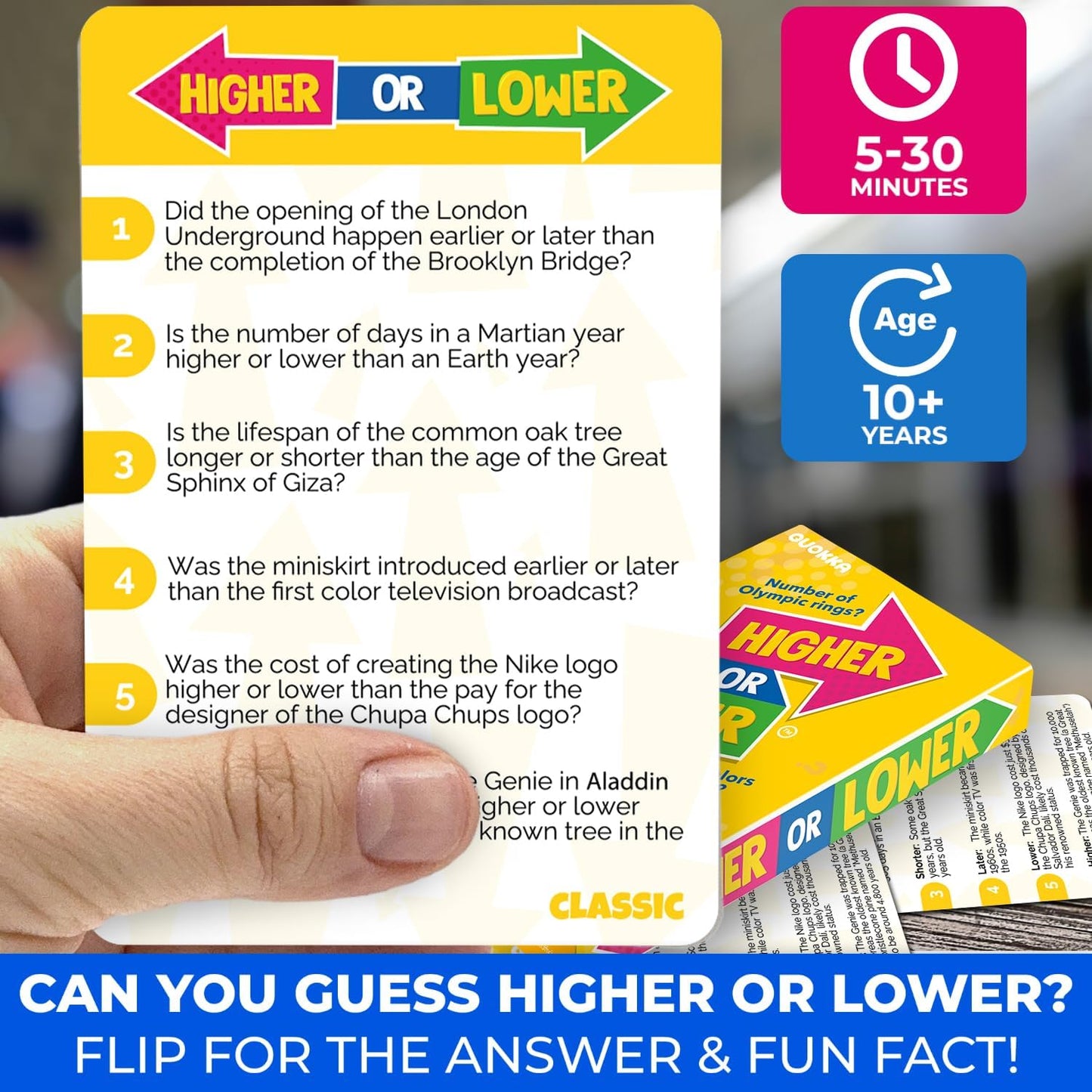 QUOKKA Trivia Board Games for Kids and Adults - Version V2.0 - Family Night Board Game 4xSet Higher or Lower Trivia Cards | Guess Fun Questions | 2 + Players - Challenge Your General Knowledge