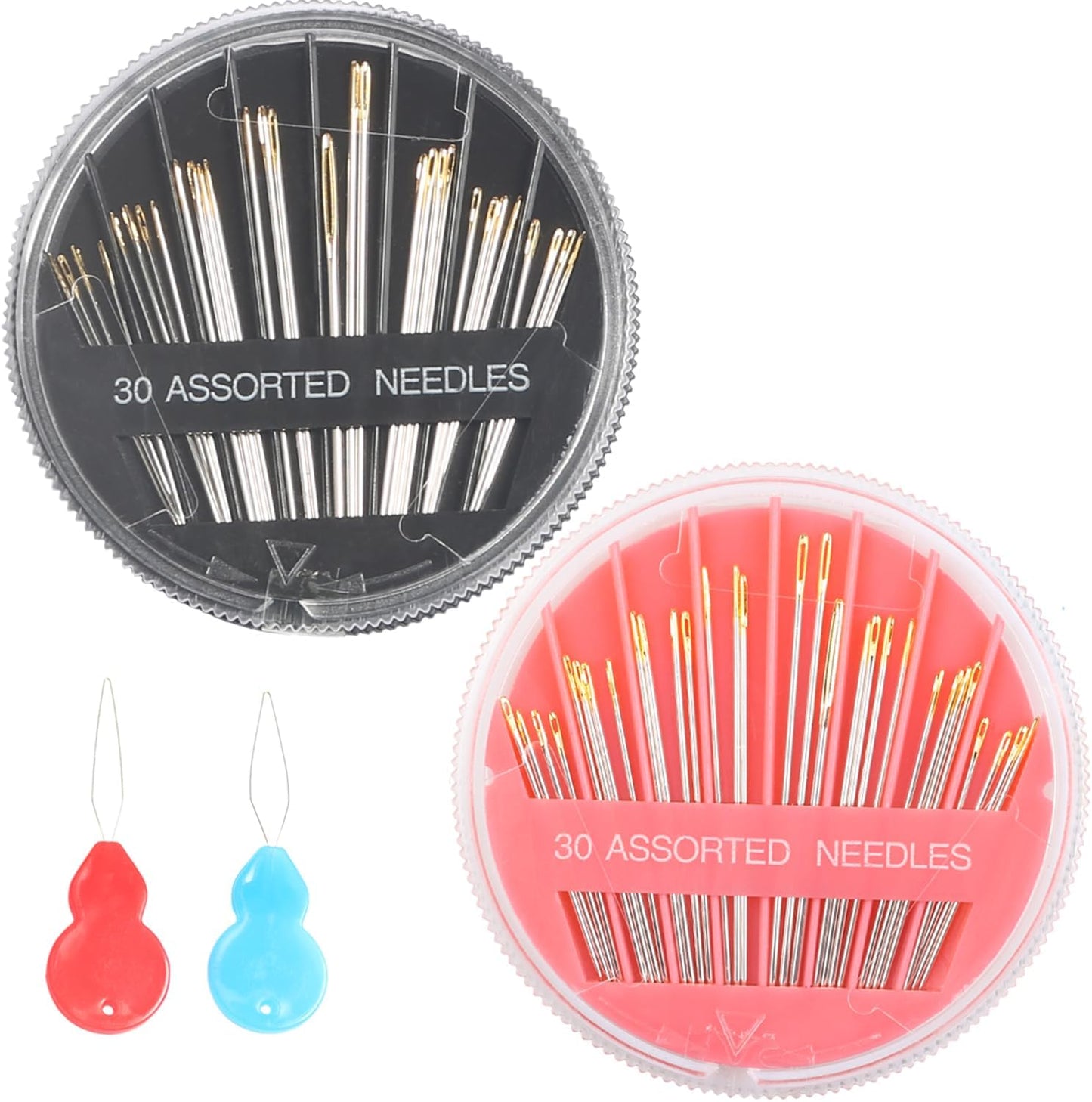 Eketirry 60pcs Premium Hand Sewing Needles，2 Pack 30-Count Assorted Needles for Sewing Repair, 6 Different Sizes Sewing Needles with 2 Threaders (Pink& Black,1)