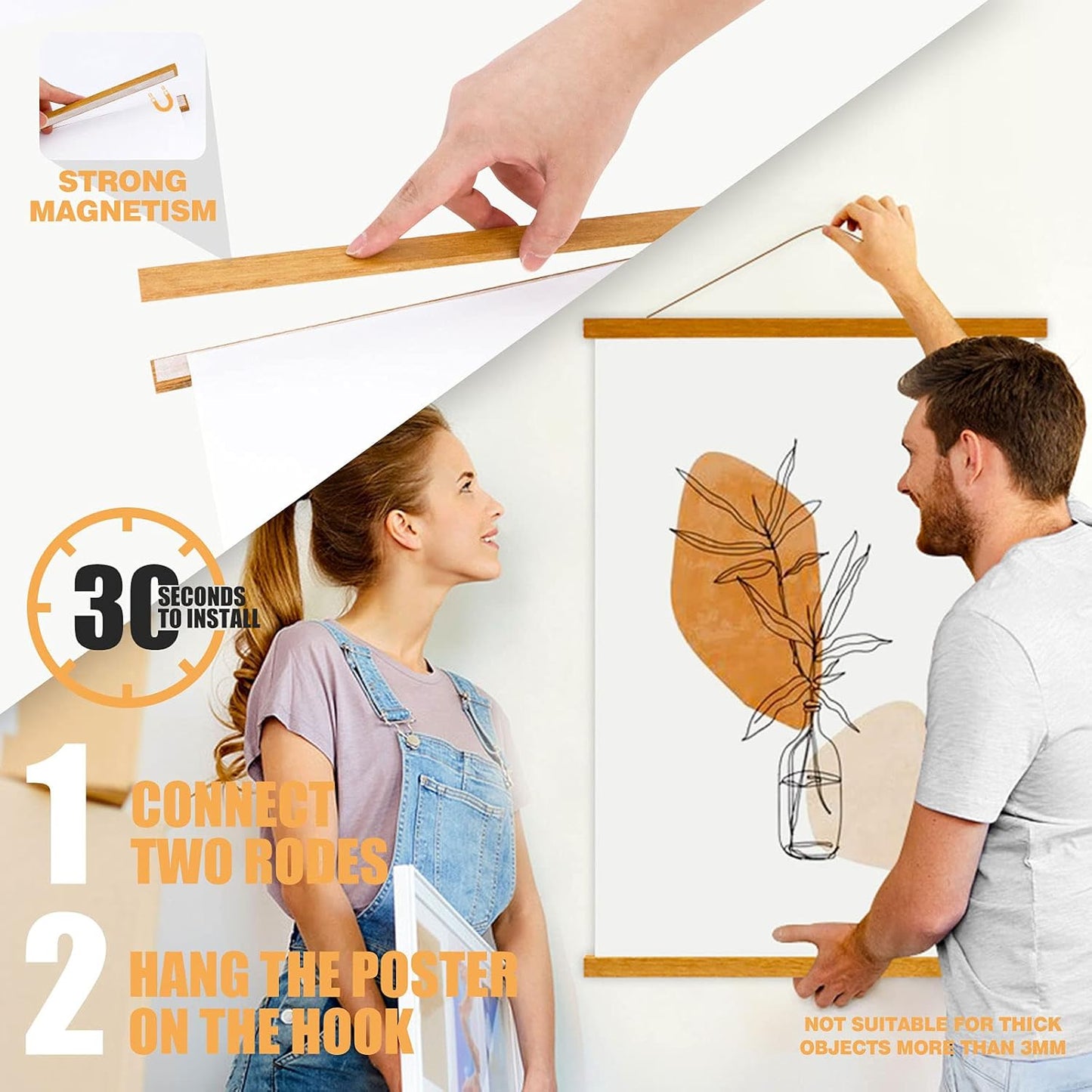 Ywlake Magnetic Poster Hanger, 36x48 36x24 36x12 Poster Frame Wood Wooden Magnet Print Posters Dowel Scroll Hanger Hangers Hanging Kit for Walls Map Canvas Artwork (Teak Wood, 36")