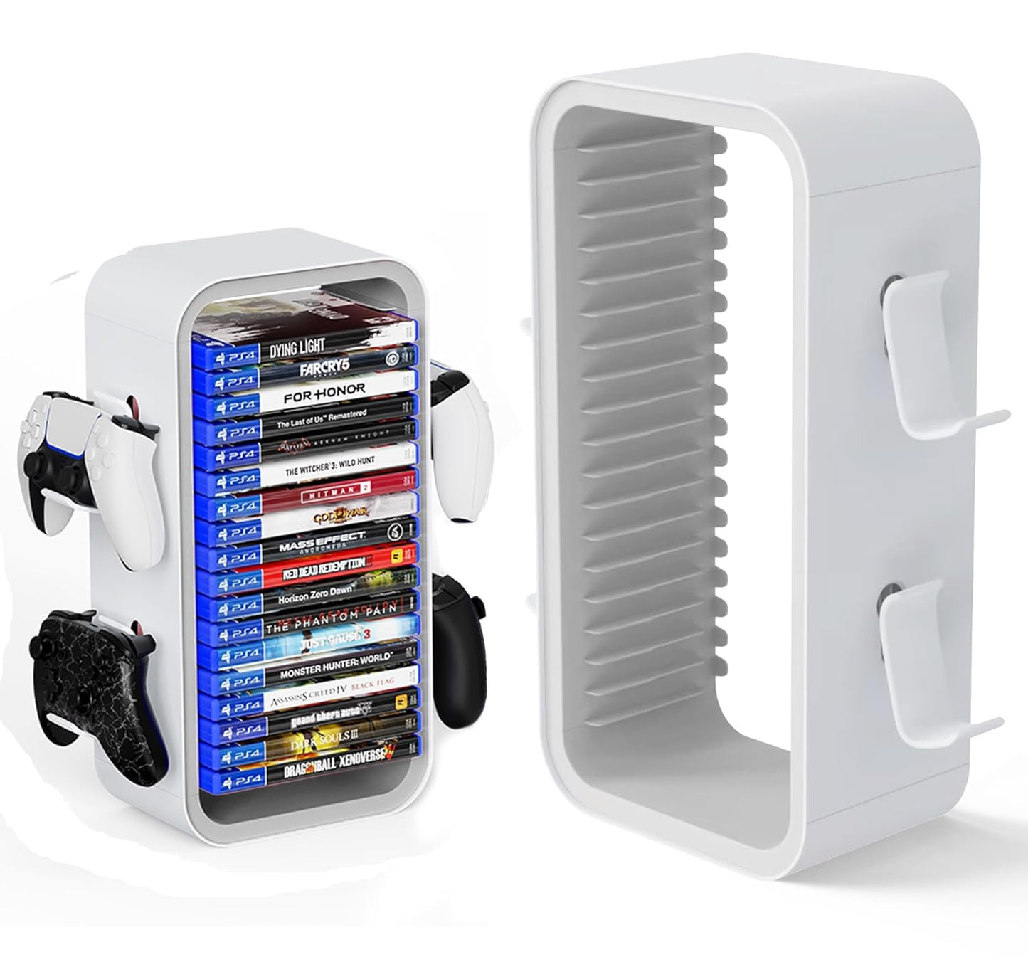 wigmoa OYO-1 15.8INCH Game Storage Tower Compatible with PS5/ Xbox Series S & X/Switch, Universal Video Discs Organizer 18 PCS with 4 Controller Holder, Game Disk Box Stand (White/Gray)