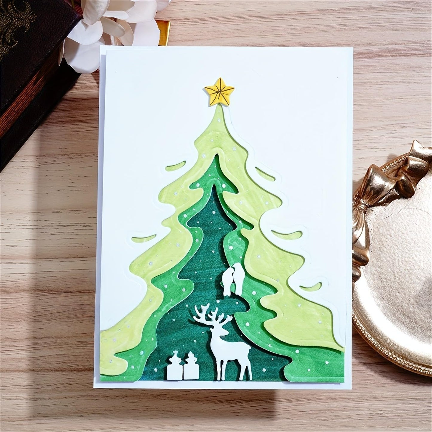 Festivals Metal Cutting Die for Scrapbooking, Christmas Cut Stencils for DIY Scrapbook Photo Album Decorative Paper Card, Card Making Supplies, Embossing (Tree & Fawn 6.1 x 4.2 in)