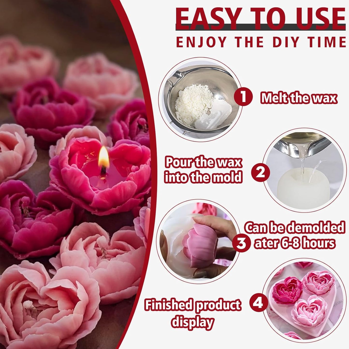 3D Flower Silicone Soap Mold 2 pcs Rose Flower Molds Peony Candle Mold for DIY Handmade Soaps, Candle Gifts, Resin Crafts, Ice Cubes, Chocolate and Home Decorations