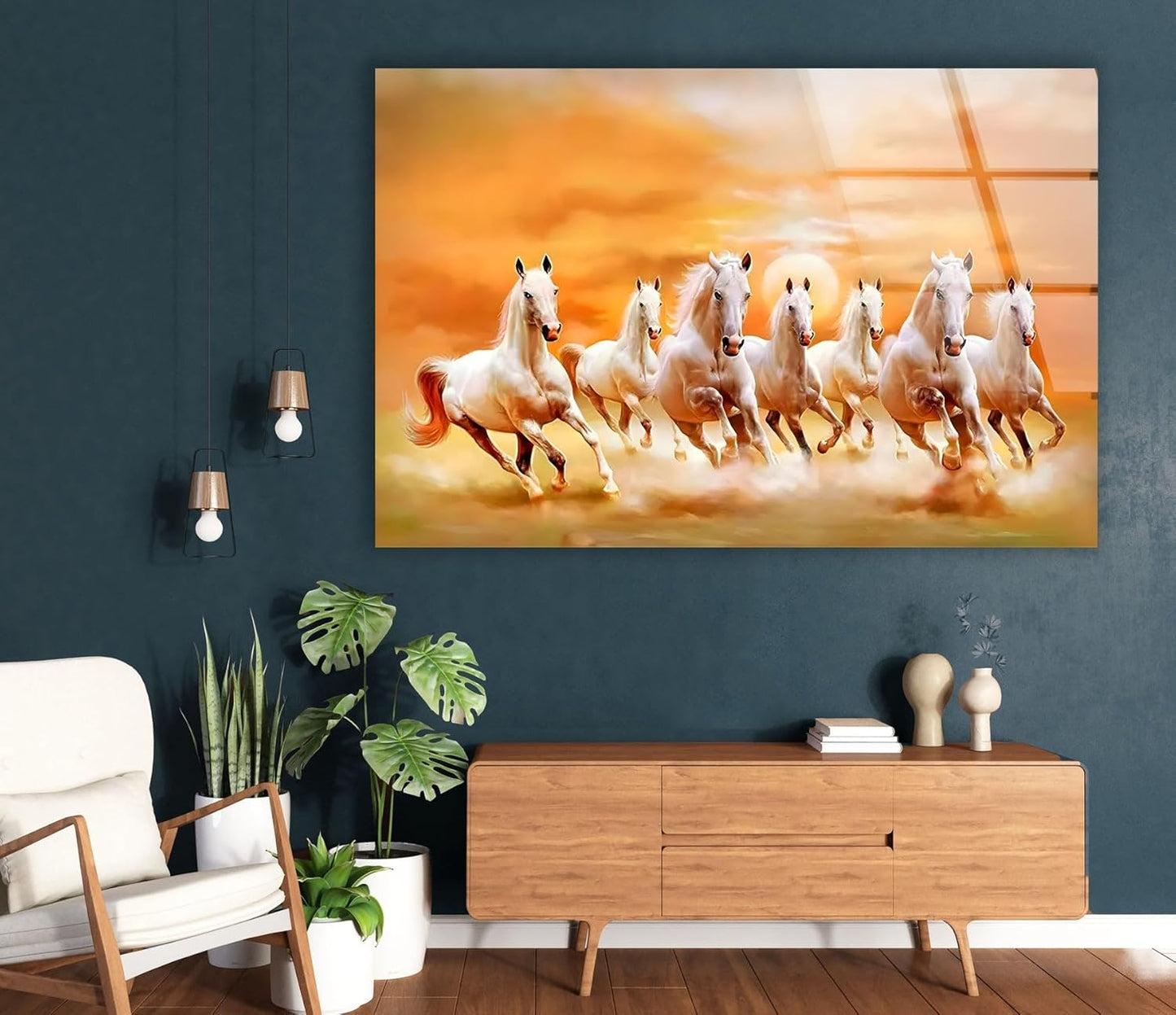 My Photostation.com 48Wx32H'' White Horses Running on Sunset Glass Wall ArtTempered Glass Printing Wall Decor Large Wall Art Wall Hangings