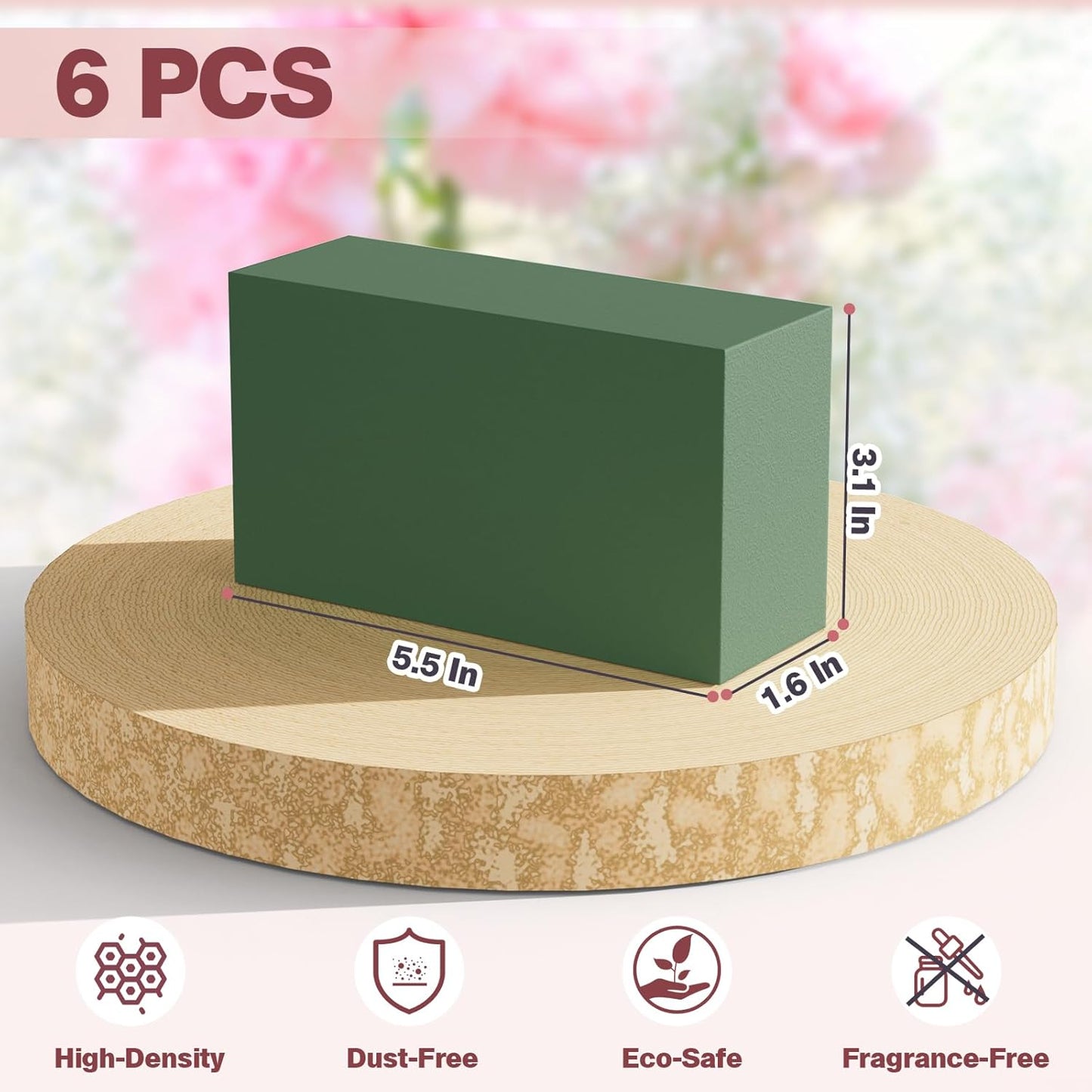 New 2025 6-Pack Floral Foam Blocks, Florist Green Foam for Flower Arrangements, Wet & Dry Styrofoam for Fresh and Artificial Flowers, Premium Plant Sponge Foam for Planters (5.5"L X 3.1"W X 1.6"H)