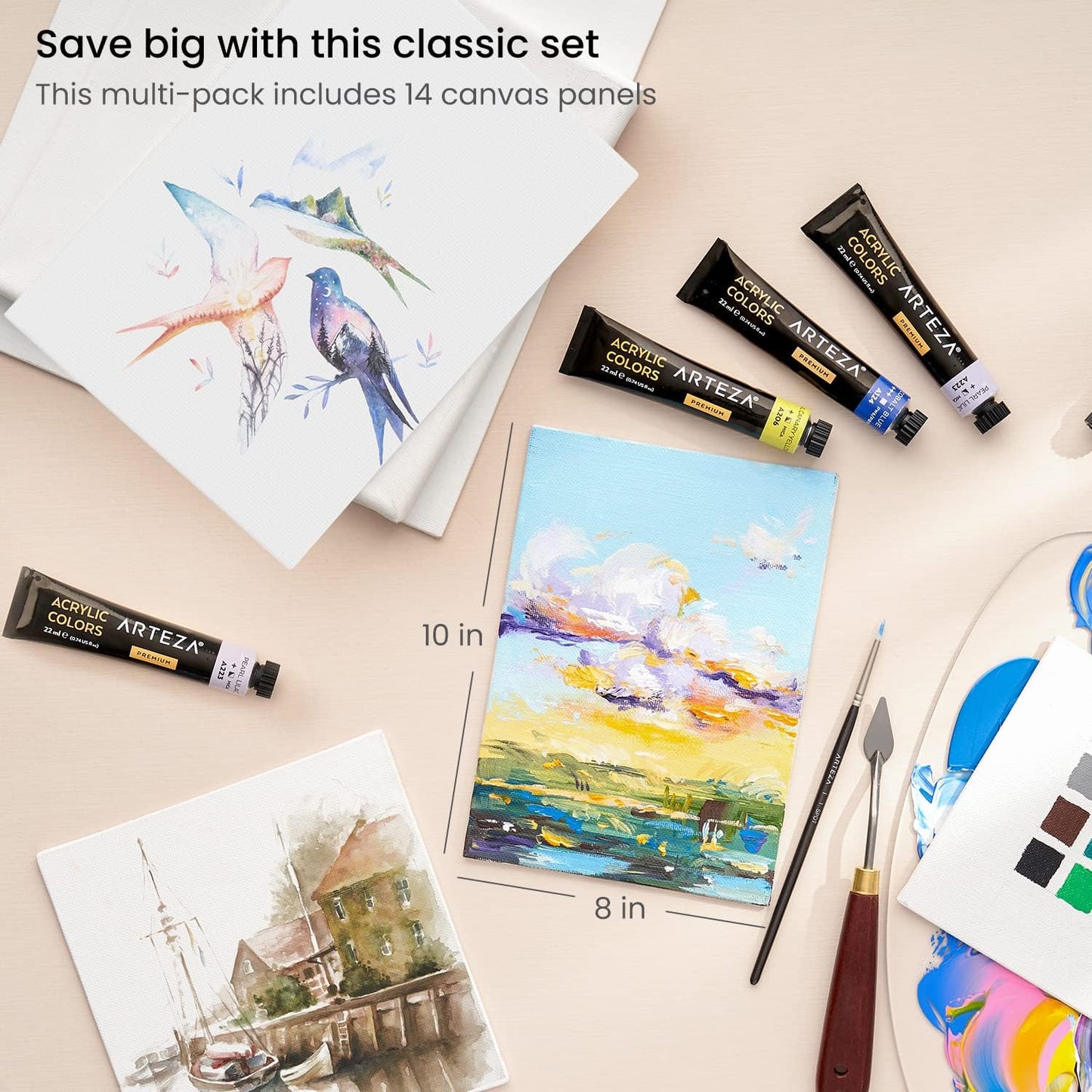 ARTEZA Canvas Boards for Painting, 8 x 10 Inches, Pack of 14, Blank White Canvas Panels for Acrylic, Oil, Gouache, and Tempera Painting Projects