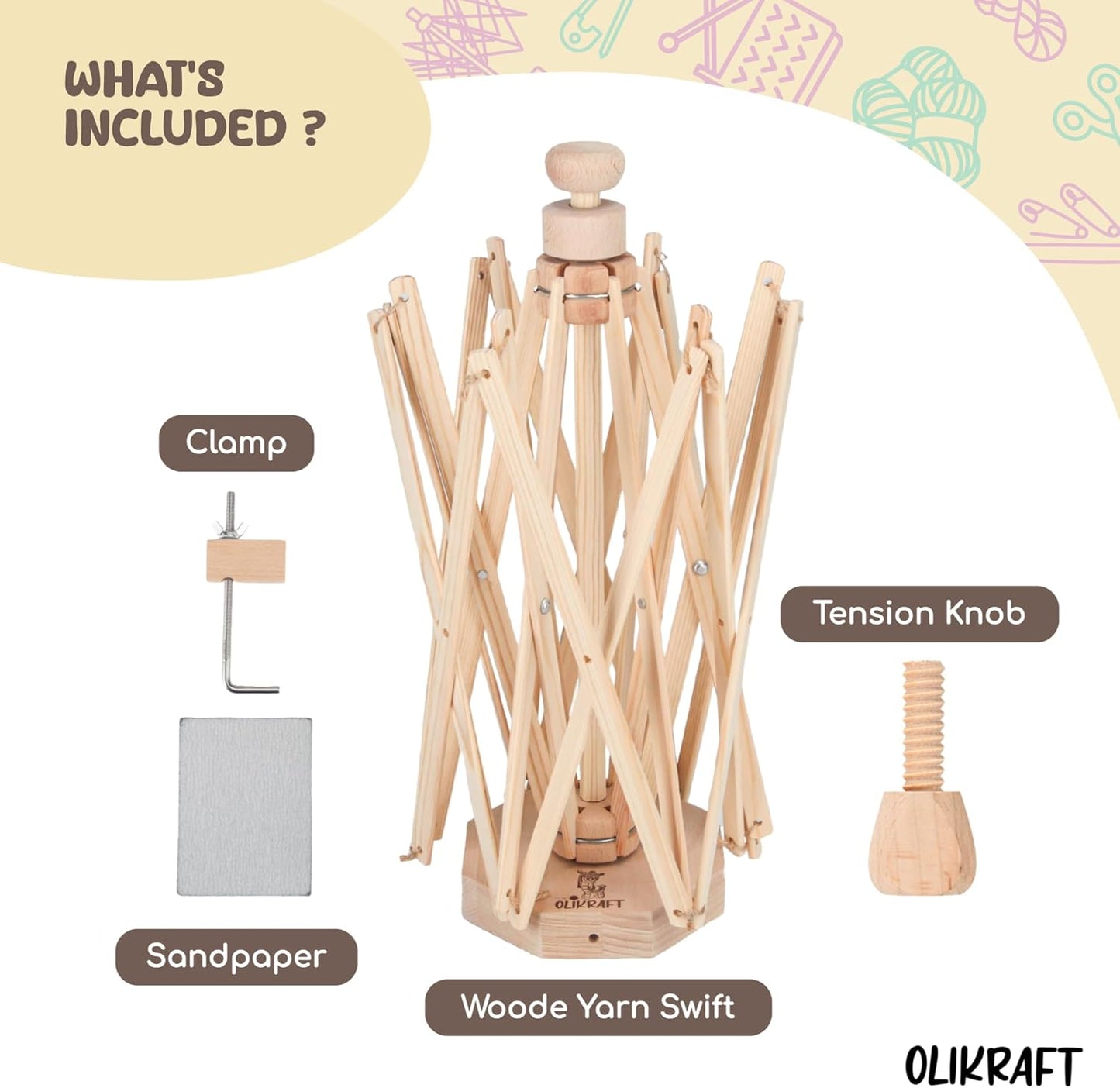 Olikraft Wooden Yarn Swift | Lightweight Reverse Yarn Umbrella Swifts | Ball Swift | Skein Winder | No Clamp Required (Patented)