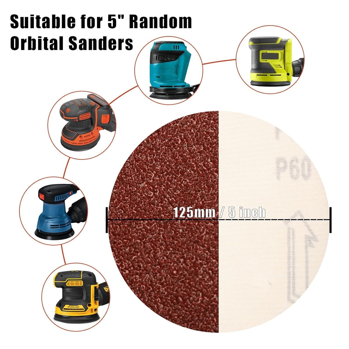 60 Grit 5 Inch Sanding Discs Hook and Loop Sandpaper, 150 PCS 8 Hole Adhesive Coarse Sand Paper for Random Orbital Sander