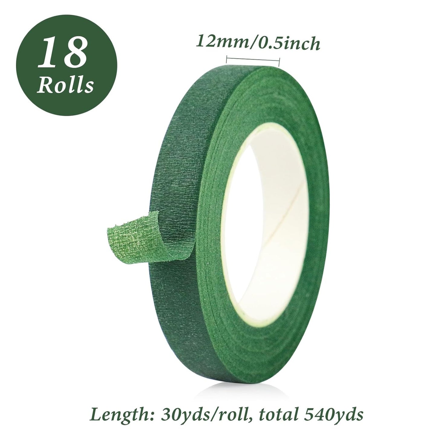 BOMEI PACK Dark Green Floral Tape 18 Rolls 1/2 inch x 30yds for Fixing, Decorating Flower Bouquets, and Bouquet Wrapping.