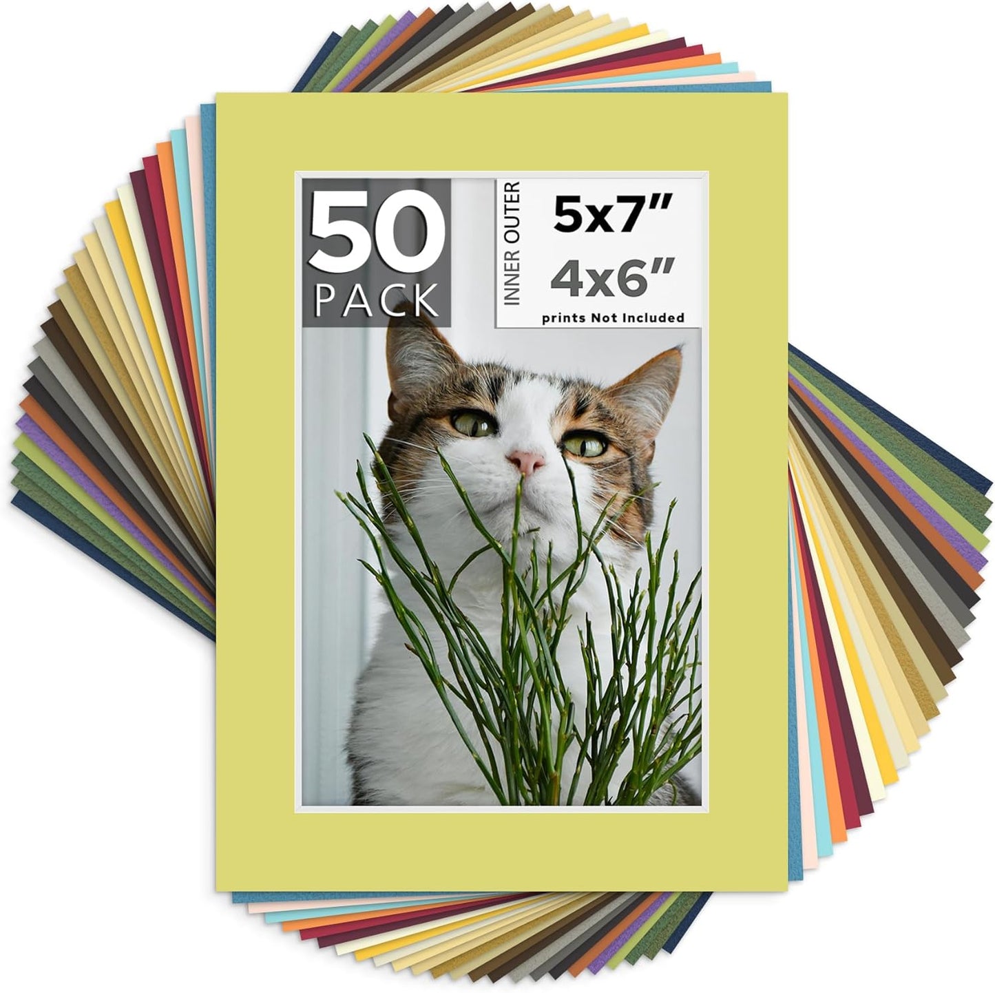 Mat Board Center, Pack of 50, 5x7 for 4x6 Mixed Color Mats - Acid Free, 4-ply Thickness, White Core - for Pictures, Photos, Framing