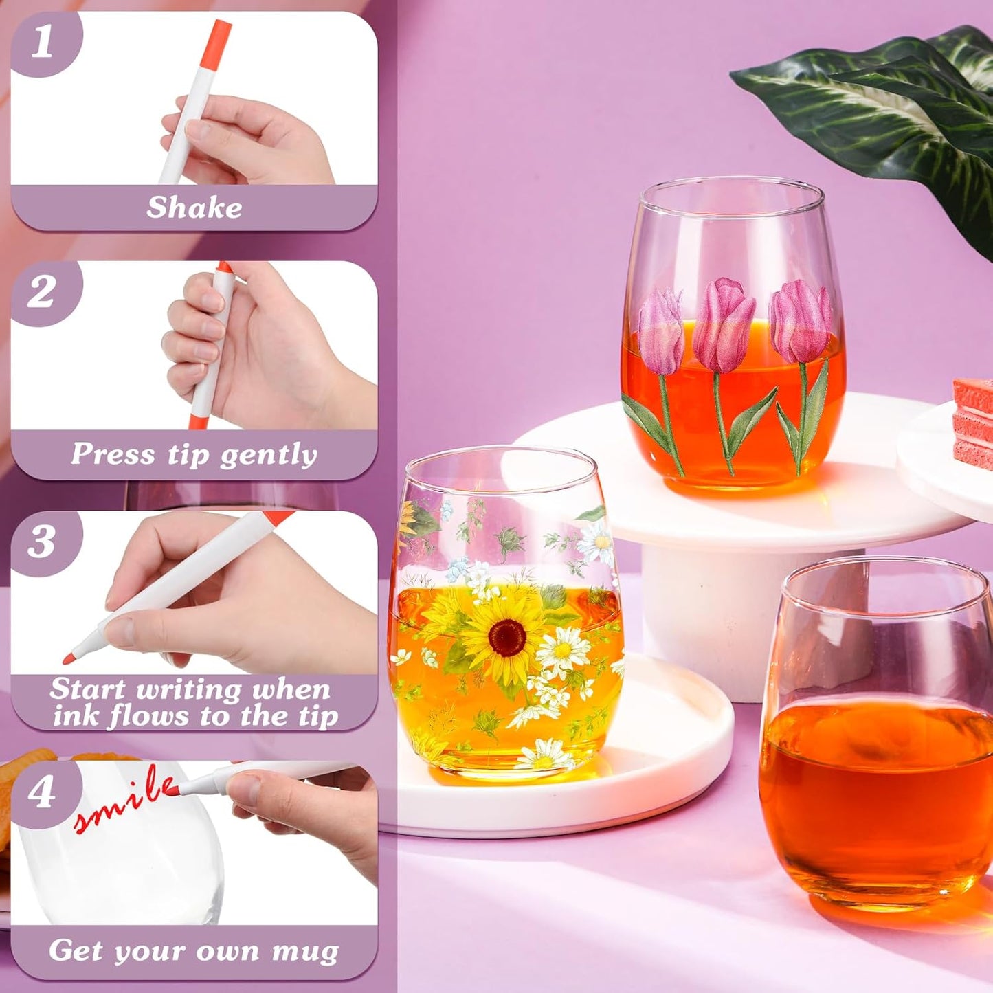 Pickmesh 4 Set Paint Your Own Glasses Kit for Adults 15 oz Wine Glass 12 Pcs DIY Markers 12 Colors Acrylic Paint with Brushes to Design Your Own Wine Glasses Gifts(Stemless)