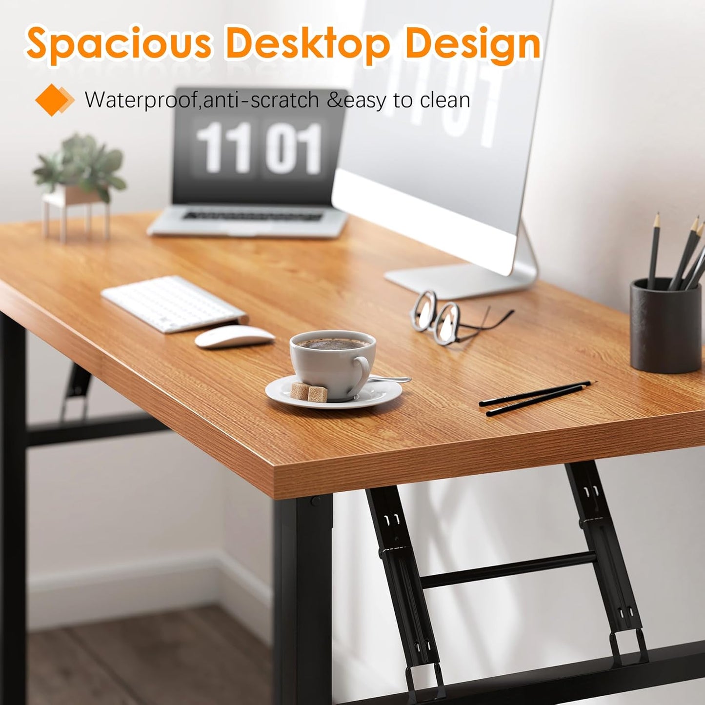 Need Home Office Desk 47 inches Folding Computer Table Workstation No Install, Teak and Black