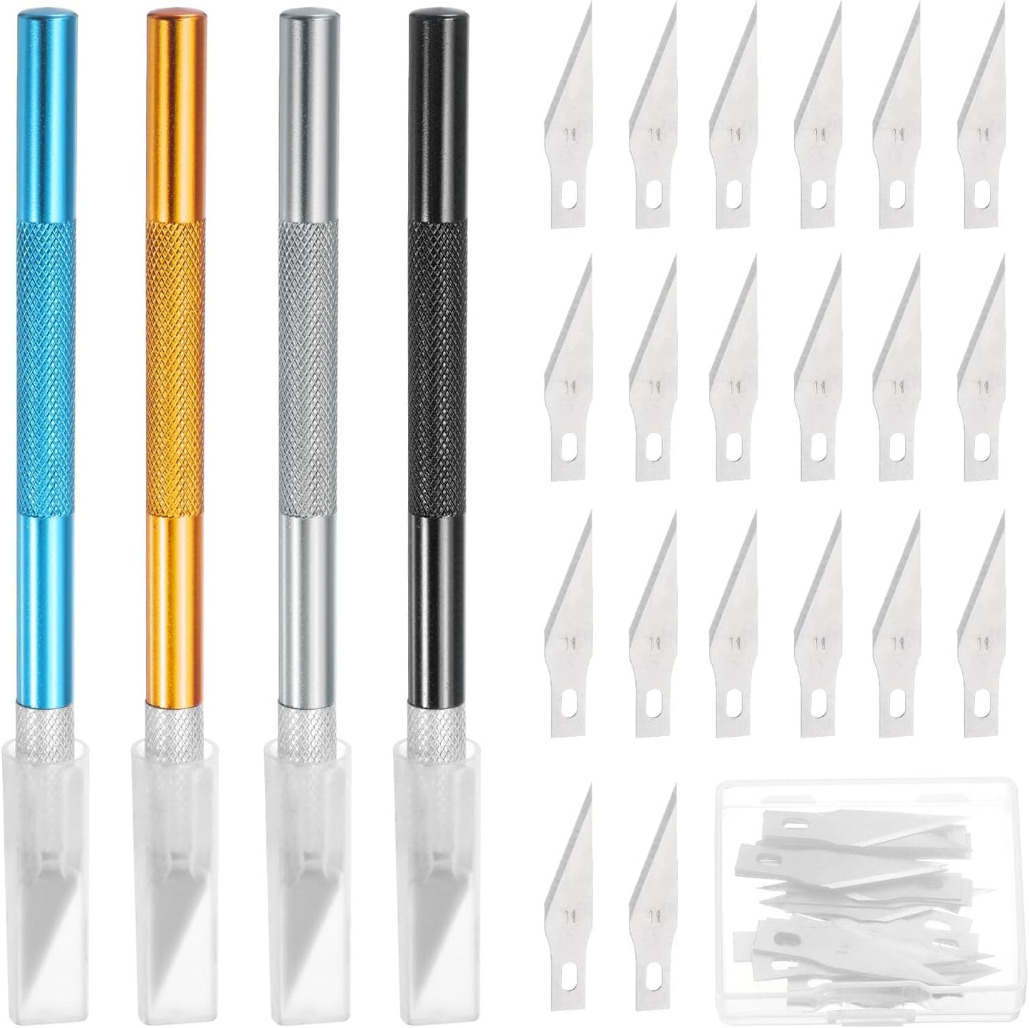MECCANIXITY 4 Pcs Exacto Knife, Craft Hobby Knife with 40 Exacto Blades(#11) Profession Craft Knives for Crafting, Modeling, Scrapbooking (Gold, Blue, Black, Silvery)