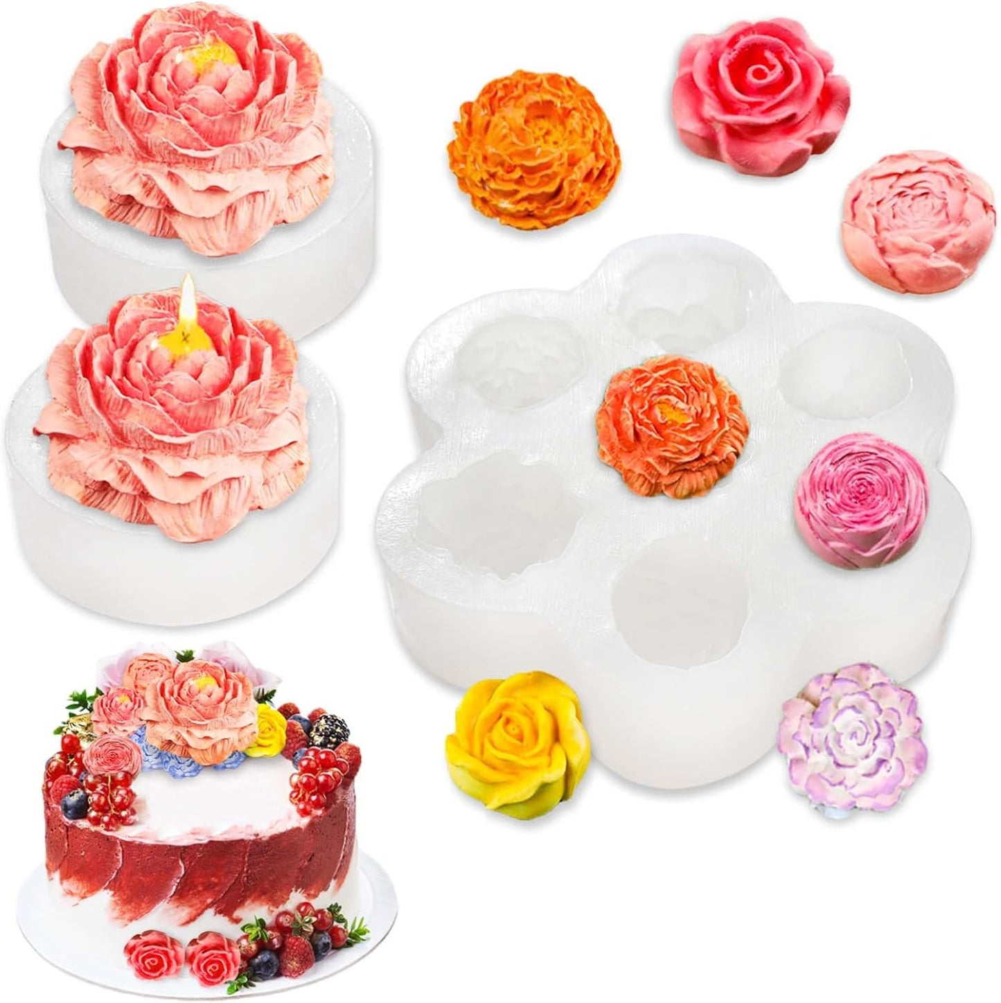 3 PCS Rose Flower Silicone Molds,Flower Candle Molds for Candle Making,Rose Peony Fondant Mold for Jelly Chocolate Cake Decorating, Epoxy Resin Wax Soap Clay Plaster Home Décor Handmade