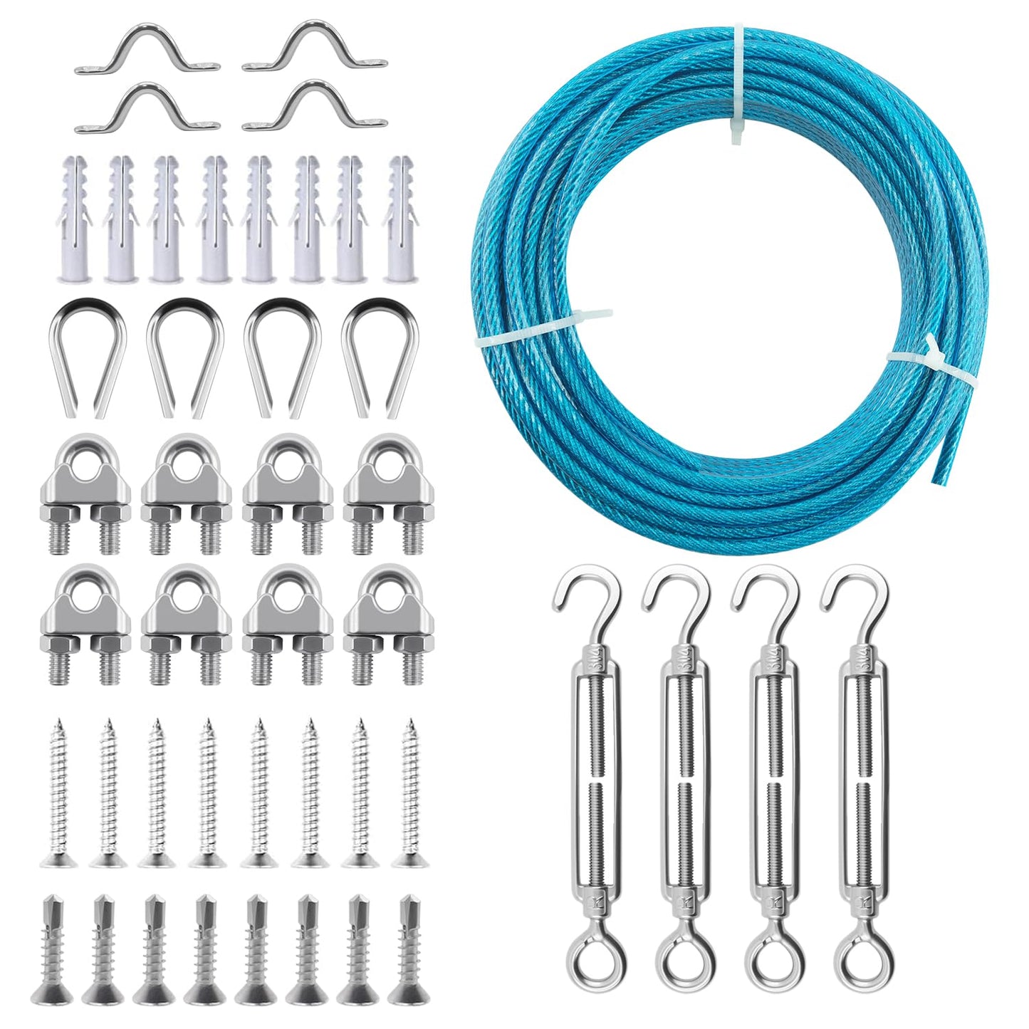 3/16" Sunshade Sail Hardware Kit, Turnbuckles for Cables Wires, PIUM PVC Coated Wire Rope Kits, 50Ft Stainless Steel Cable for Clothes Line Wires, String Light Hanging and Garden Plant Trellis