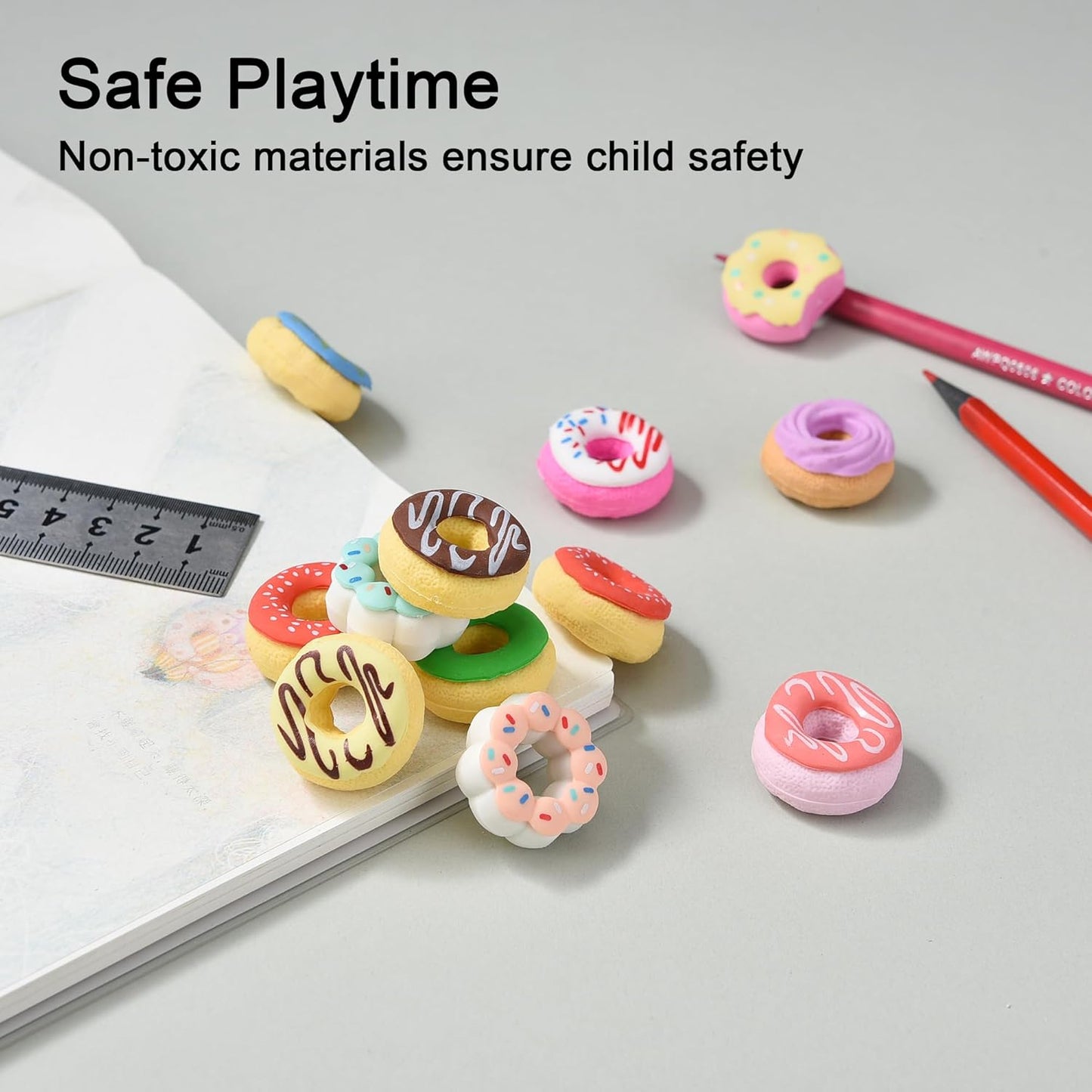 HILAZA Donut Erasers for Kids Bulk, 24 Pieces 3D Cute Fun Food Erasers for Party Favors Classroom Prizes