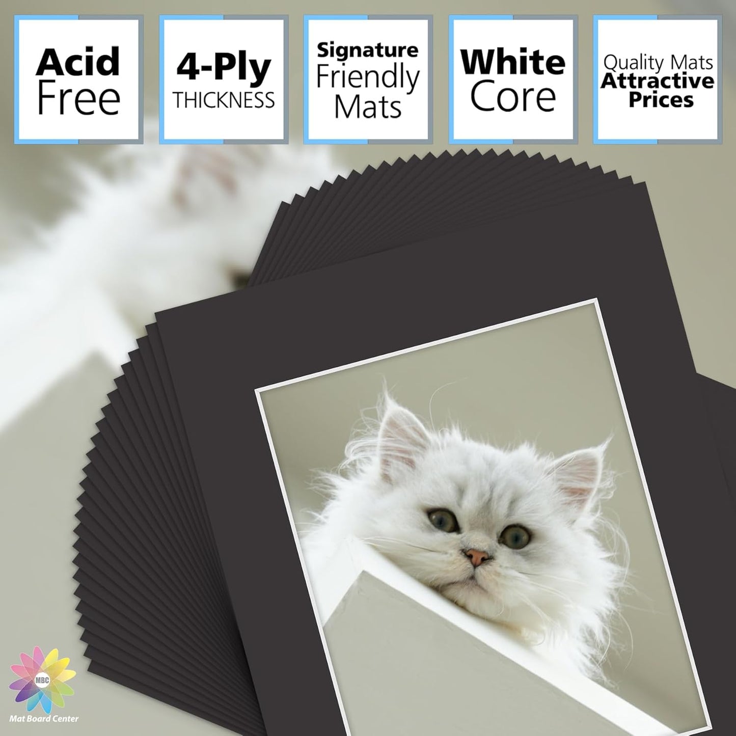 Mat Board Center, Pack of 25, 11x14 for 8x10 Black Mats - Acid Free, 4-ply Thickness, White Core - for Pictures, Photos, Framing
