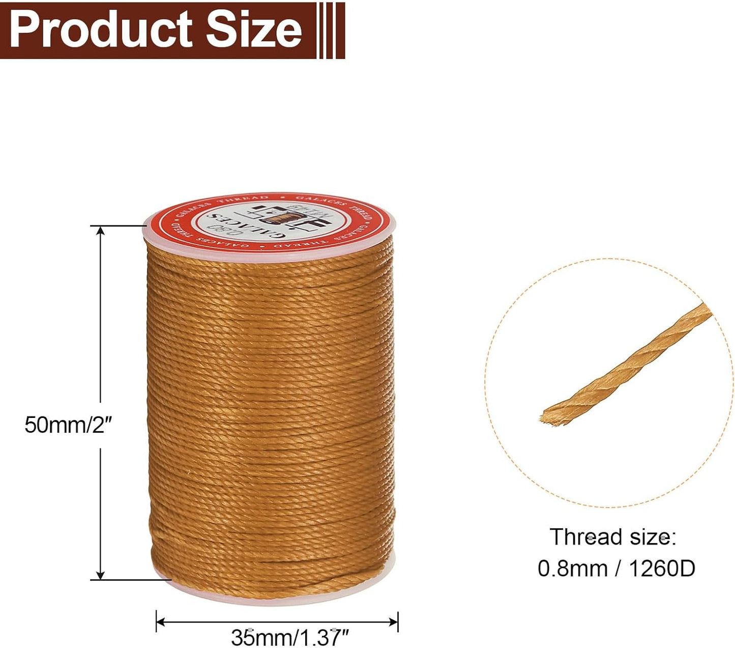 uxcell Round Leather Sewing Waxed Thread, 55m / 60 Yards Wax Polyester String, 0.8mm Waxed Stitching Cord for Leather Crafts, Bookbinding, Bracelets Braided, Golden Brown