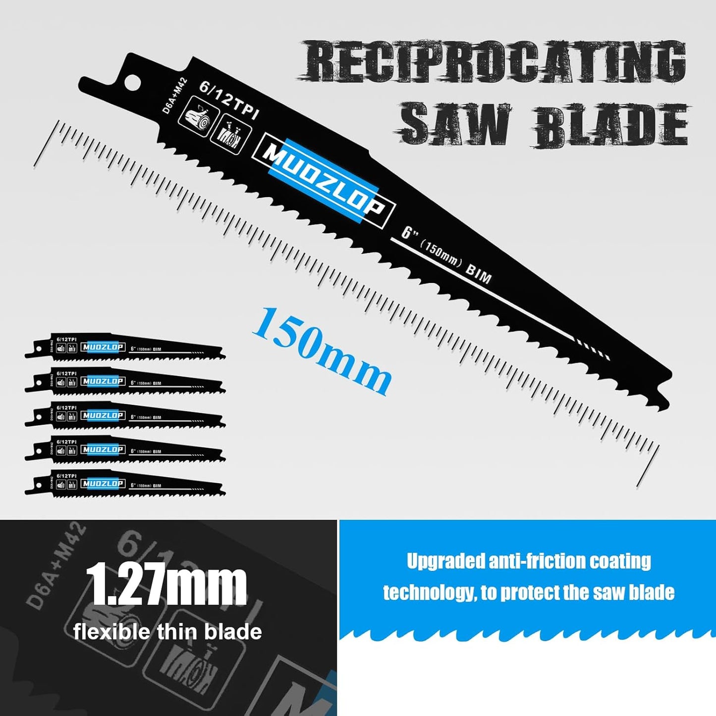 5 Pack 6 inch Reciprocating Saw Blades Set,6/12 TPI High Carbon Saw Blades, Woodcutting Saw Blades with Organizer Case (5, 6/12TPI/150mm)