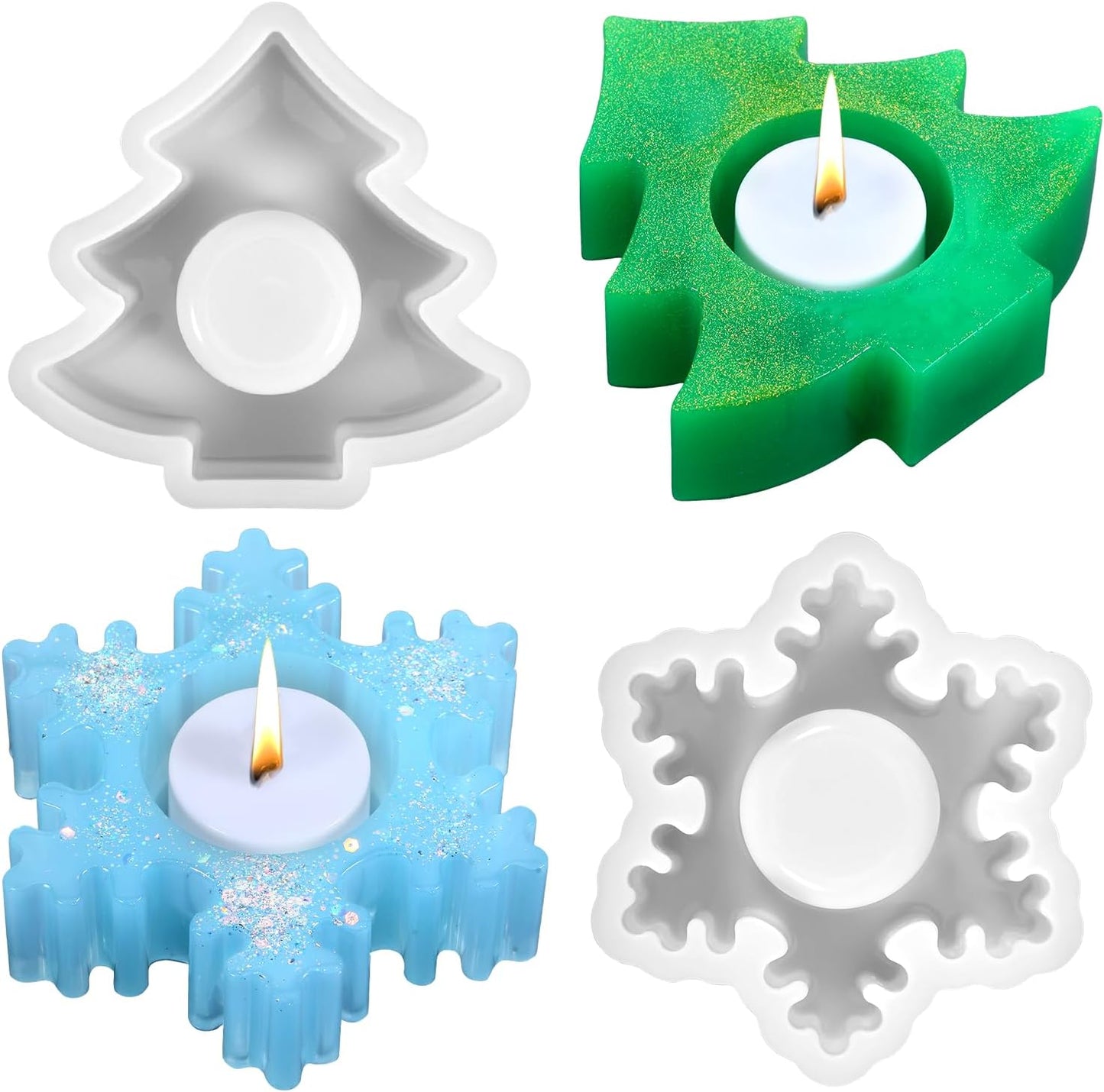 2PCS Christmas Resin Molds Christmas Tree Candle Holder Resin Molds Snowflake Silicone Resin Mold for Tea Lights Epoxy Resin Mold for Home Table Decorations Xmas Decor