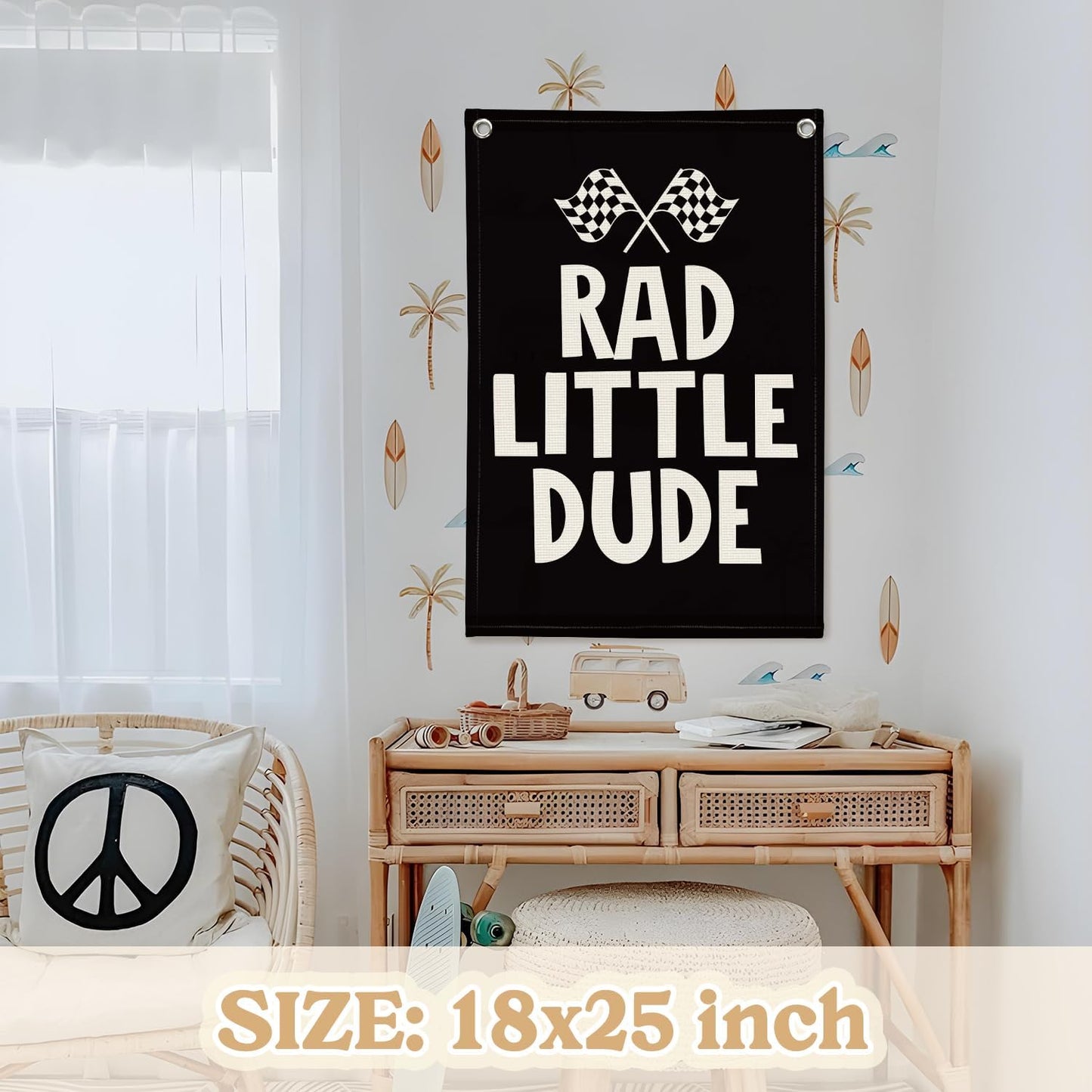 Race Car Room Decor, Rad Little Dude Linen Canvas Banner for Boy Room Decor, Playroom Toddler Boys Bedroom Kidsroom Decor 18x25 Inch