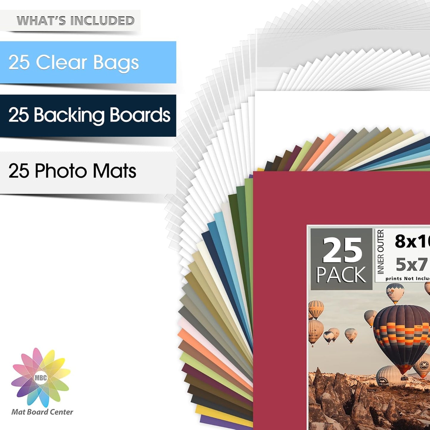 Mat Board Center, Pack of 25, 8x10 for 5x7 Mix Color Picture Mat Sets - Acid Free, 4-ply Thickness, Bevel Pre-Cut White Core - Includes Backing Boards and Clear Bags - for Pictures, Photos, Framing