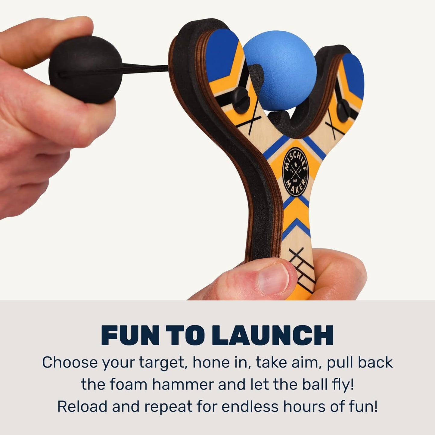 Mighty Fun! - Mischief Maker® Wooden Slingshot - Classic Series - Real Wood Slingshot for Kids, 4 Soft Foam Balls and Storage Bag - Ages 4+ (Blue)