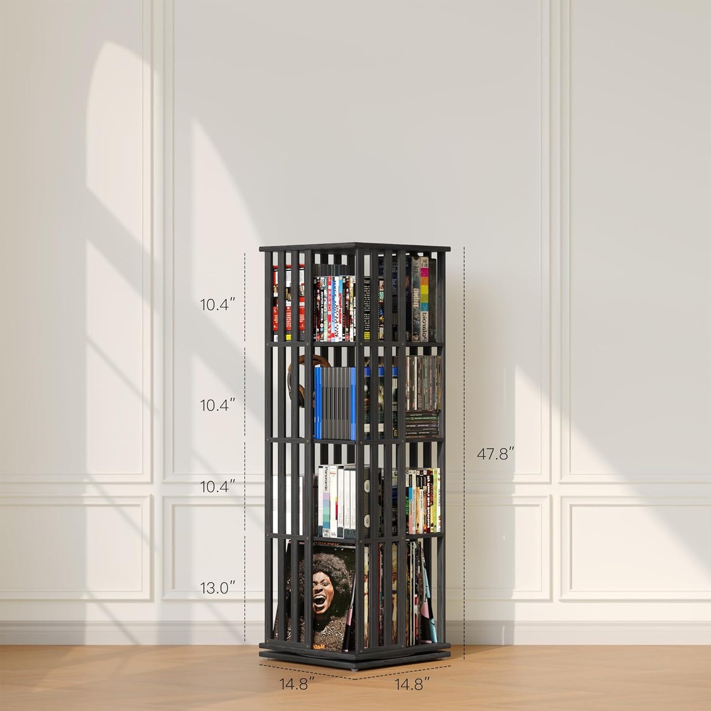 XIMN 360° Rotating Bamboo CD/DVD Shelf - 6-Tier Space-Saving Media Storage Cabinet for Movies, Organizer with Super Compact Design (Black, 4 Tier)