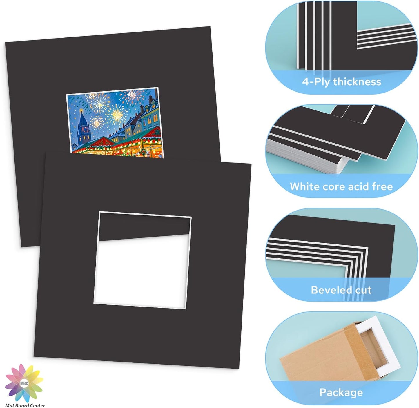 Mat Board Center, 8X8 Black Mats for 4X4 Pictures - Acid Free, 4-Ply Thickness, White Core, Bevel Cut - for Artworks, Photos, Framing - Pack of 12