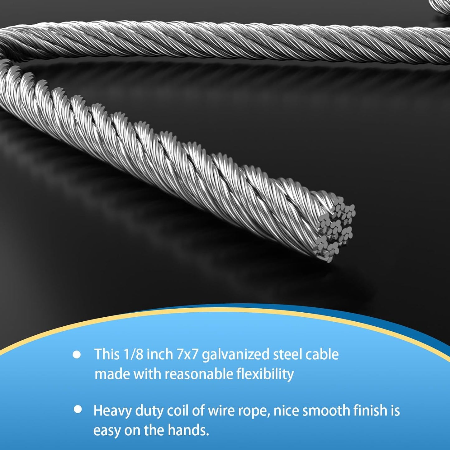 Galvanized Steel Wire Rope Cable, 3/16” Galvanized Steel Cable with Rope Clamp and Thimble, 7X7 Strand Core Aircraft Cable Used for Anchored Shed, Fencing, Sunshade, Clothesline (50ft)