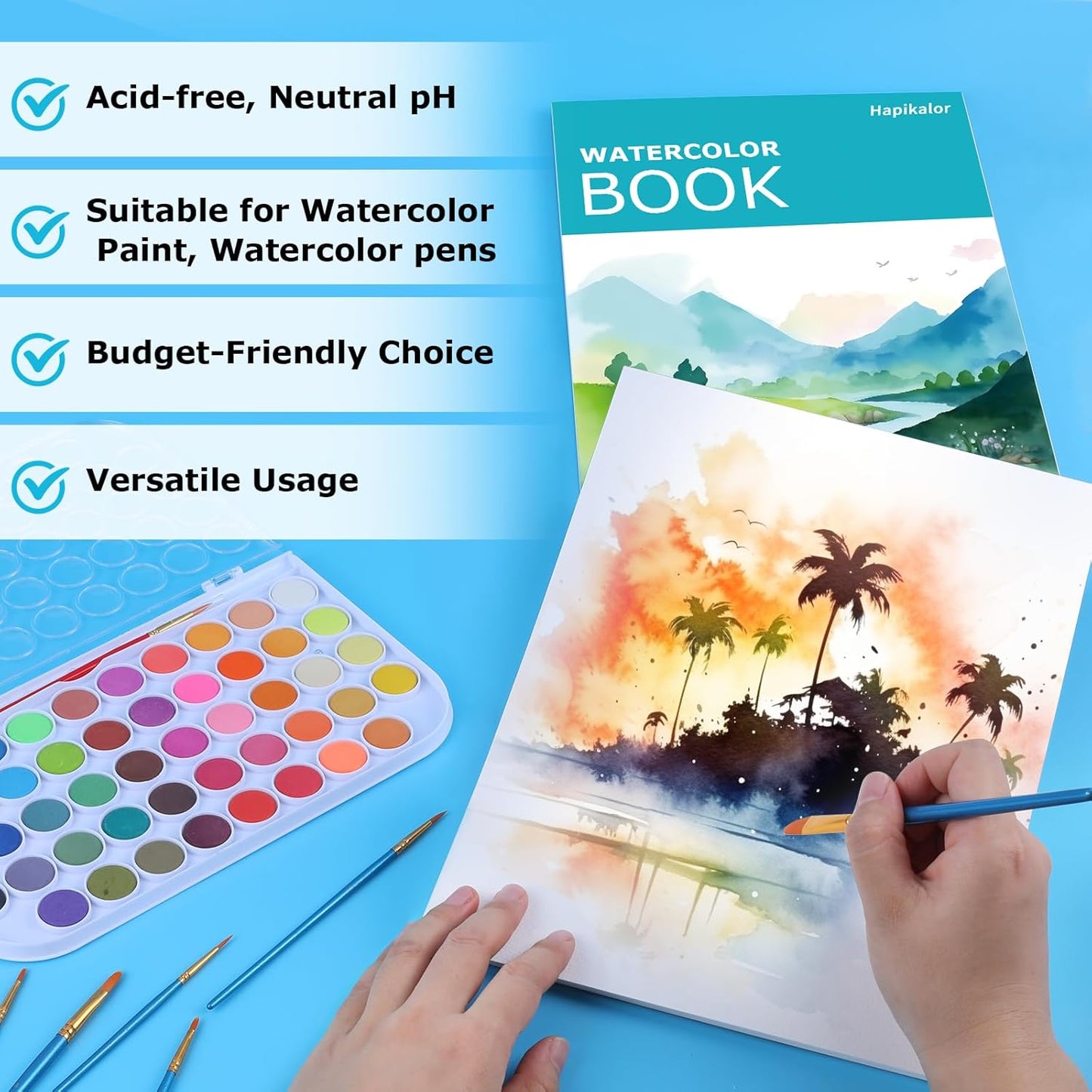 Hapikalor 8"x10" Watercolor Paper Pad, 1-Pack, 140lb/300gsm Artist Painting Drawing Paper Book, Art Supplies for Adults Kids, Watercolors, Watercolor Paint Set, Sketchbook, Journal, Teal