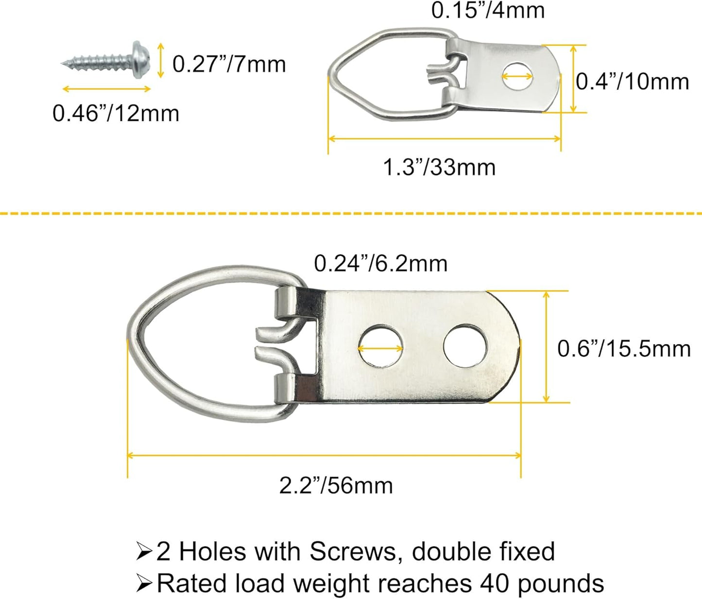 70 Pack D-Ring Steel Picture Hangers Heavy Duty with Screws Picture Frames Double Holes Clasp Picture Hang Solutions, for Hanging Clock Paintings Artwork Picture Frame Hook Photos Mirrors