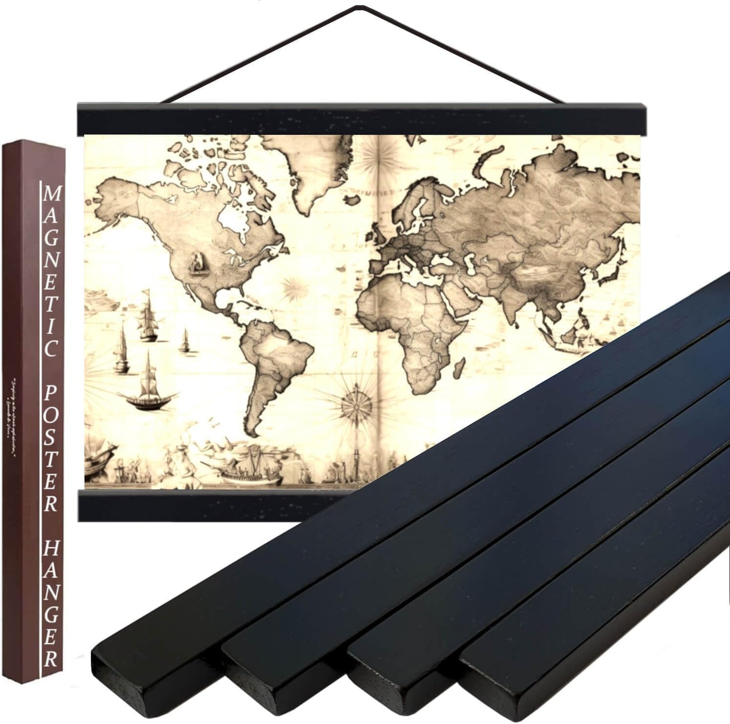 DACRI HOME 55" Magnetic Poster Hanger Frame - Sturdy Teak Wood Poster Frame, Strong Magnets for Easy Hanging Map Picture Canvas Print Scroll Wall Art 55x32 55x39 55x40 (55 Inch, Black)