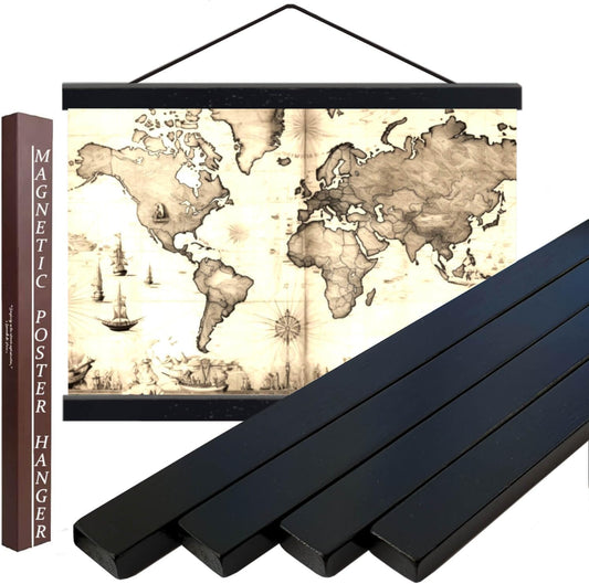 DACRI HOME 55" Magnetic Poster Hanger Frame - Sturdy Teak Wood Poster Frame, Strong Magnets for Easy Hanging Map Picture Canvas Print Scroll Wall Art 55x32 55x39 55x40 (55 Inch, Black)