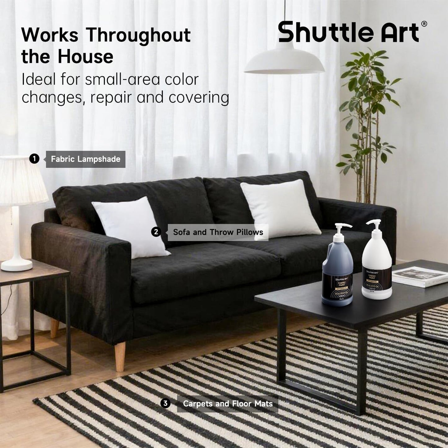 Shuttle Art White Fabric Paint, 33.8 oz(1000 ml) Large Bottle with Pump, Permanent Fabric Paint for Furniture, Sofa, Cushions, Clothes, Soft Non-Toxic Textile Paint for Color Changing, Renewal & Art Creations