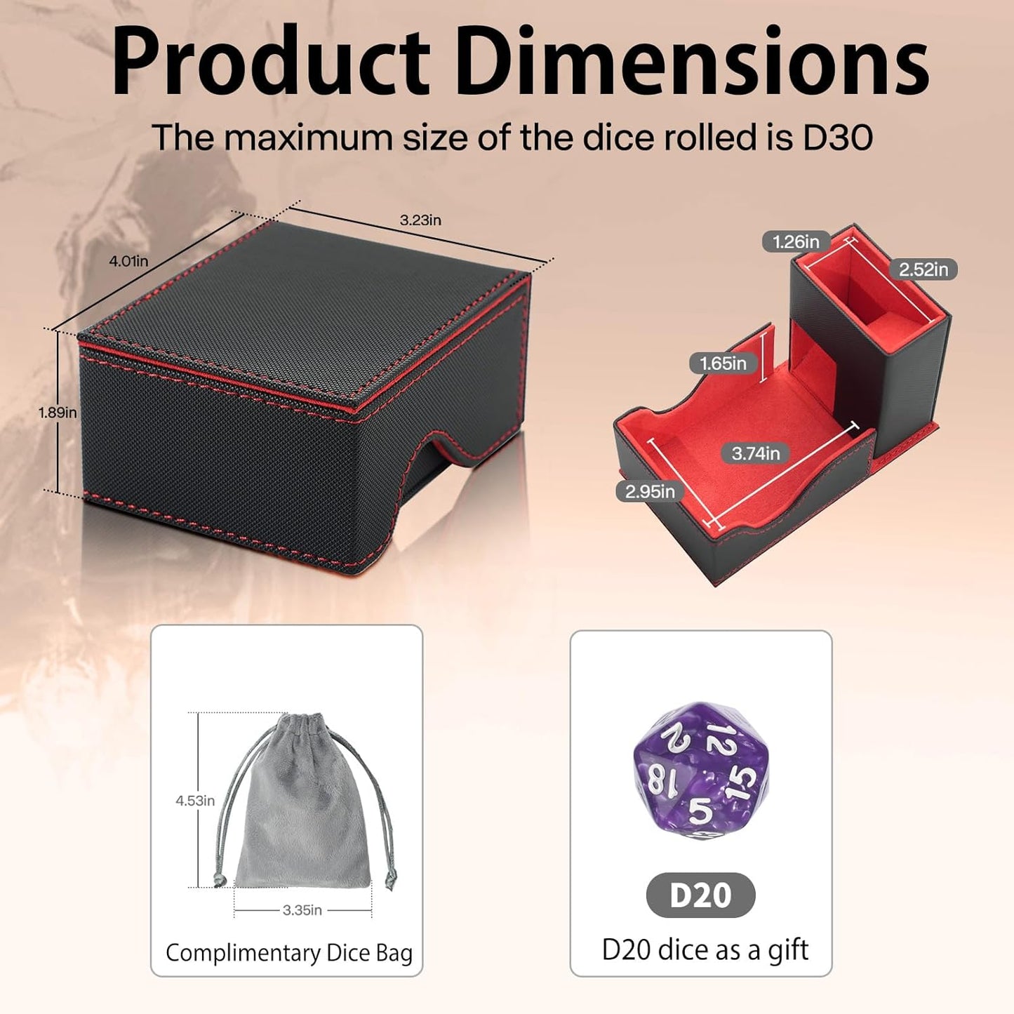 Dice Tower and Tray, Portable Commander Deck Box, Foldable Dice Storage Box for Dungeons and Dragons Rolling Tray Black/Red