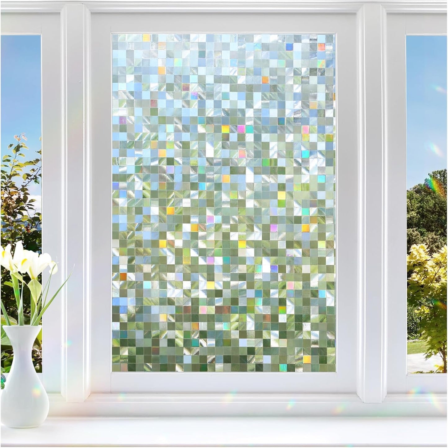 rabbitgoo Stained Glass Window Privacy Film Mosaic Pattern, Frosted Glass Window Film Rainbow Decorative Sticker, Static Cling UV Blocking Suncatcher for Home, 17.5 x 78.7 Inches